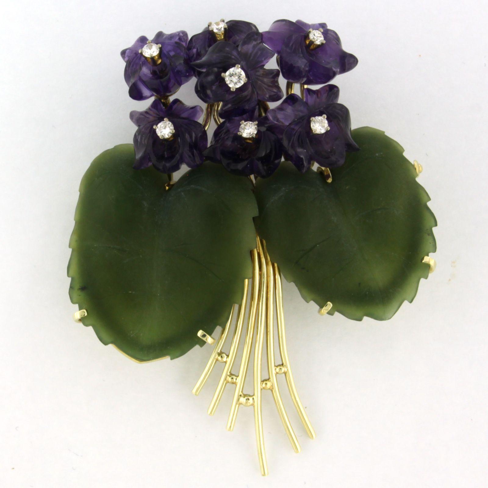 Brooch with amethyst, jade and brilliant cut diamonds up to 0.45ct 14k gold
