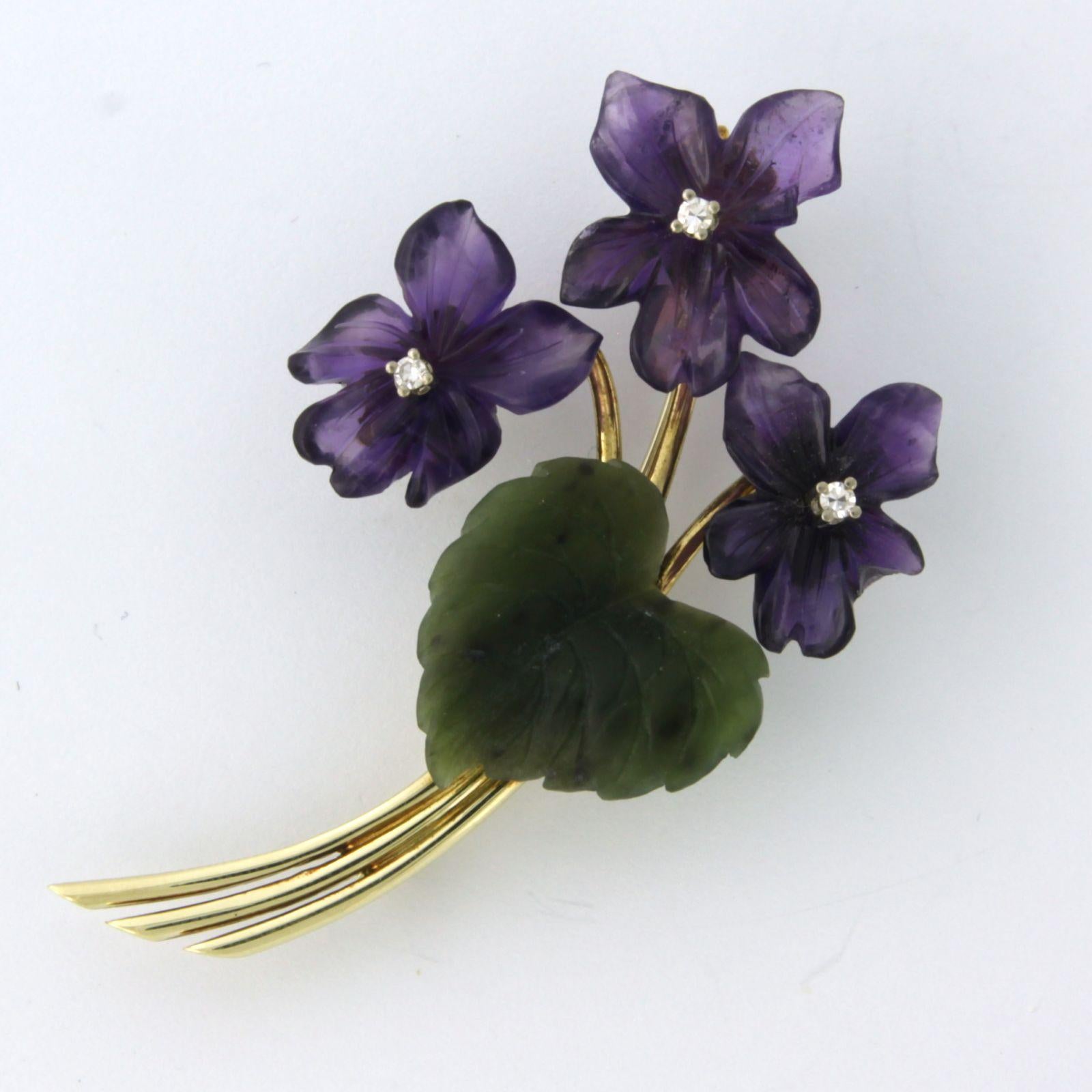 Modern Brooch with Amethyst, Jade and diamonds 14k gold For Sale