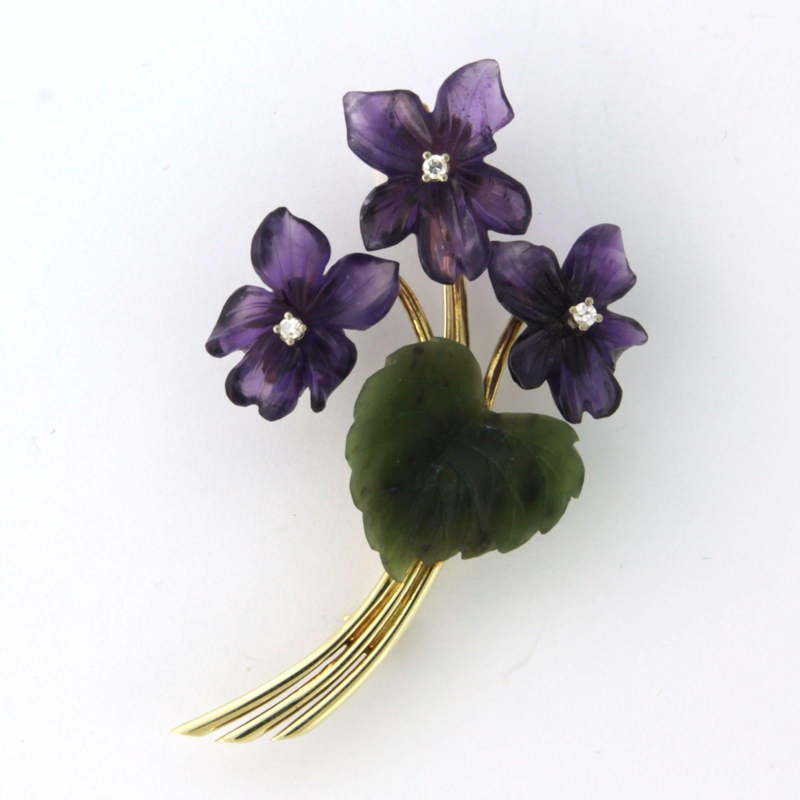 Single Cut Brooch with Amethyst, Jade and diamonds 14k gold For Sale