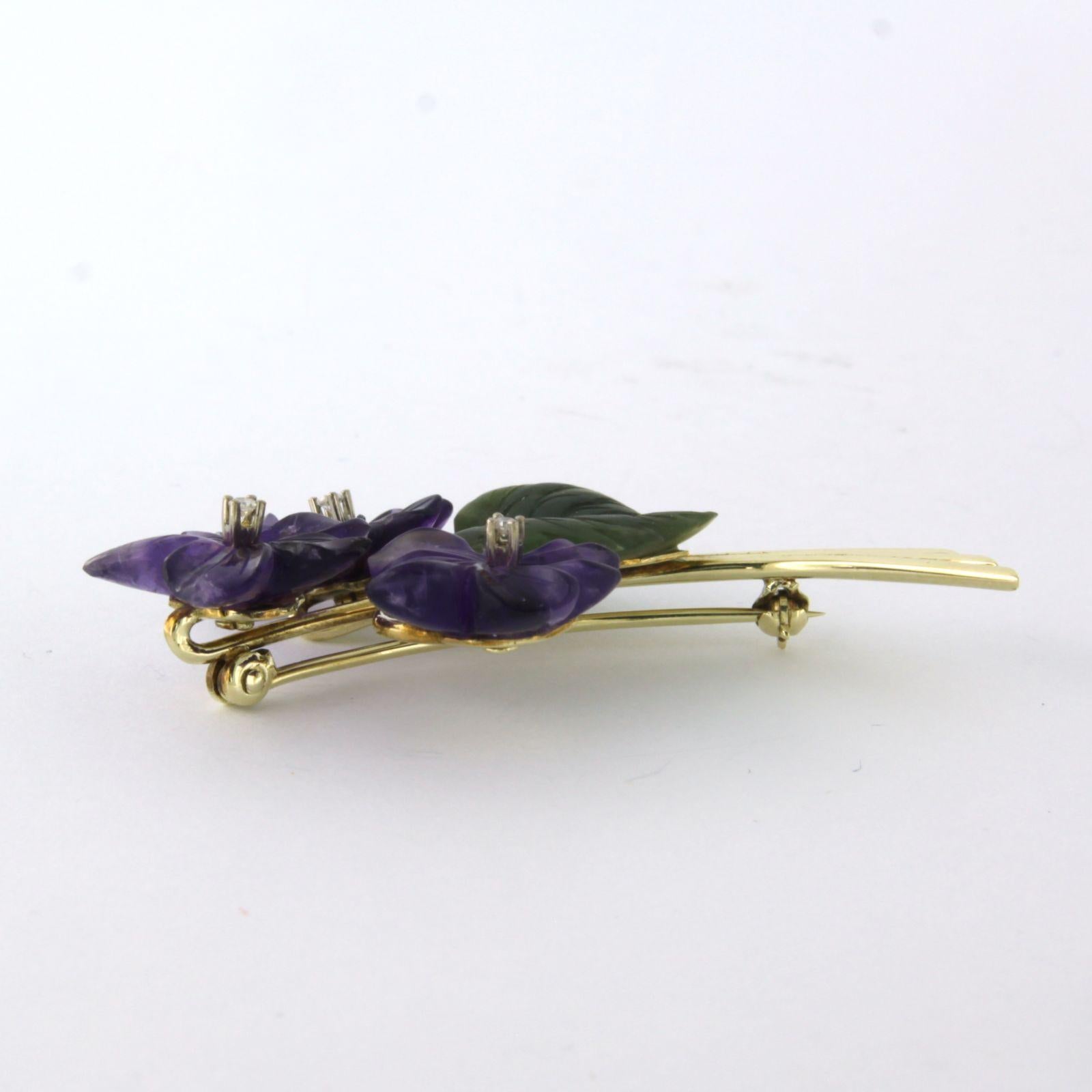 Women's or Men's Brooch with Amethyst, Jade and diamonds 14k gold