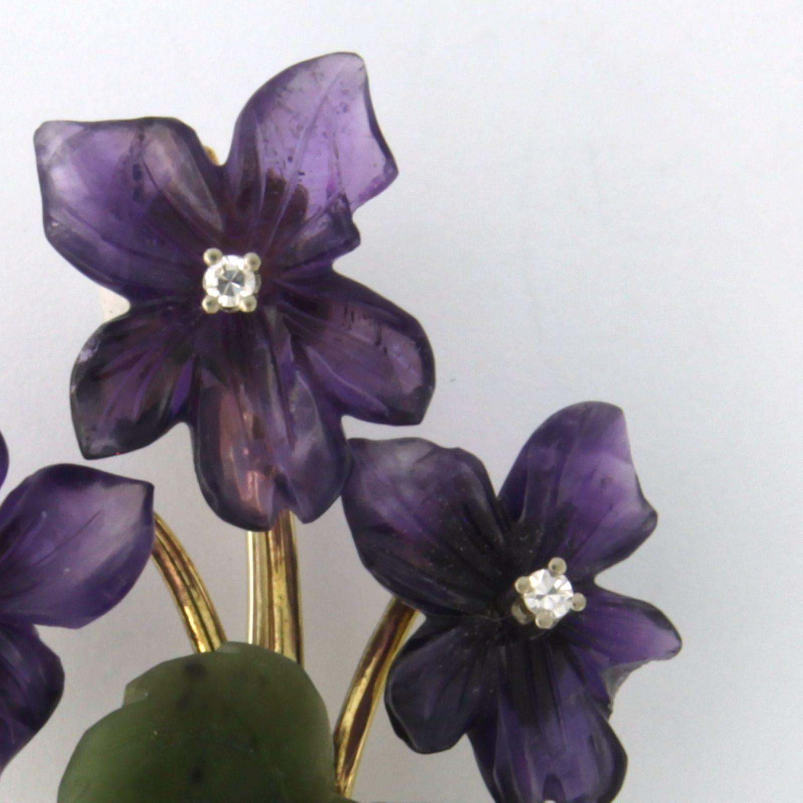 Brooch with Amethyst, Jade and diamonds 14k gold 1