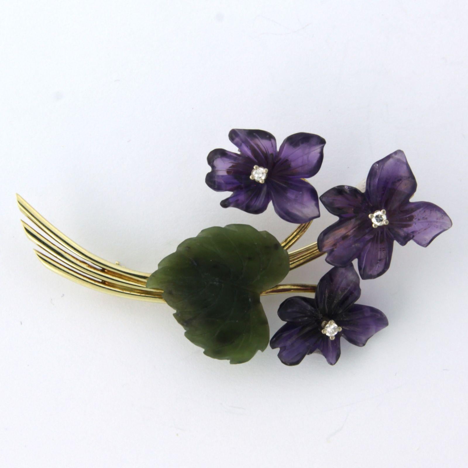 Brooch with Amethyst, Jade and diamonds 14k gold 2