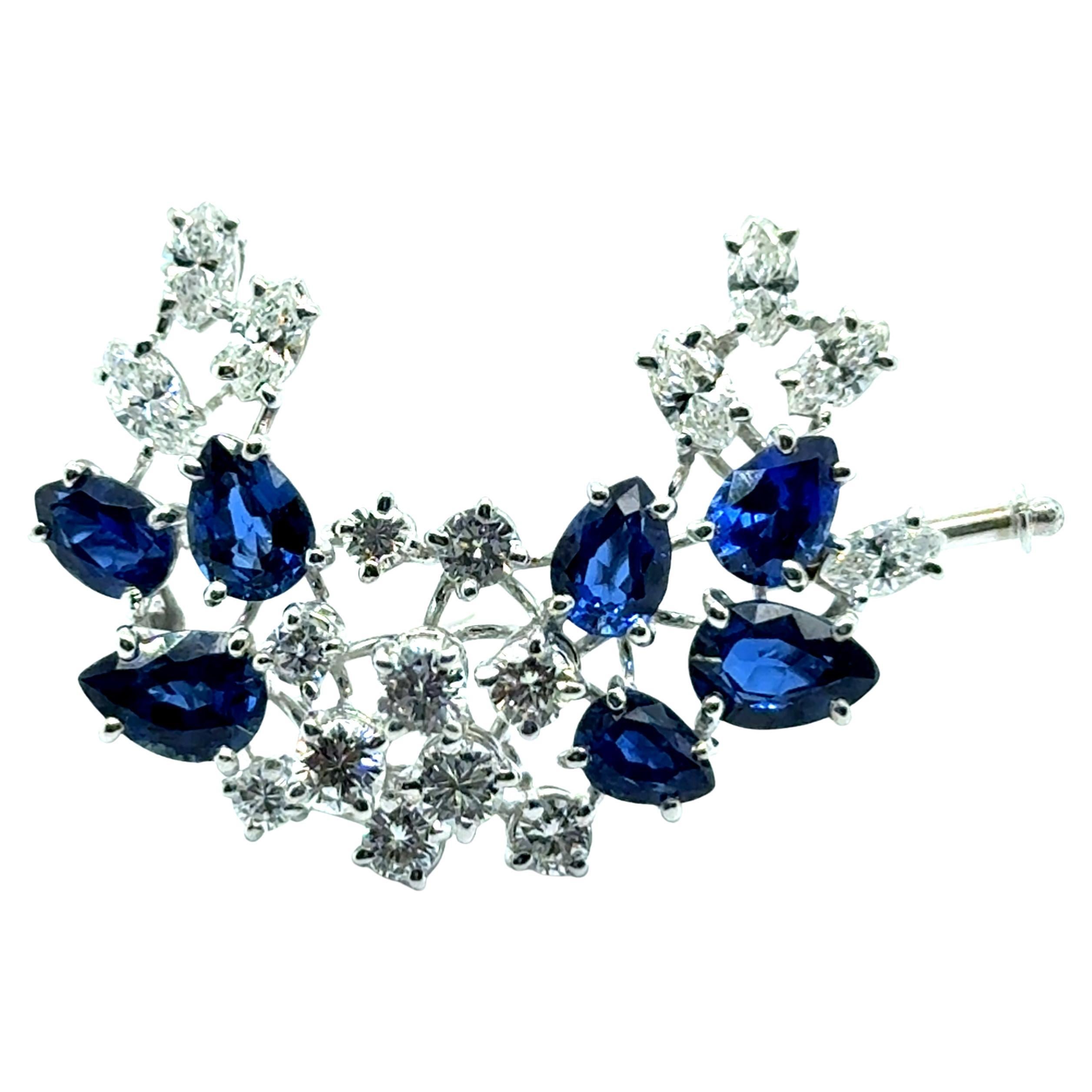 Brooch with Blue Sapphires and Diamonds in 18 Karat White Gold For Sale