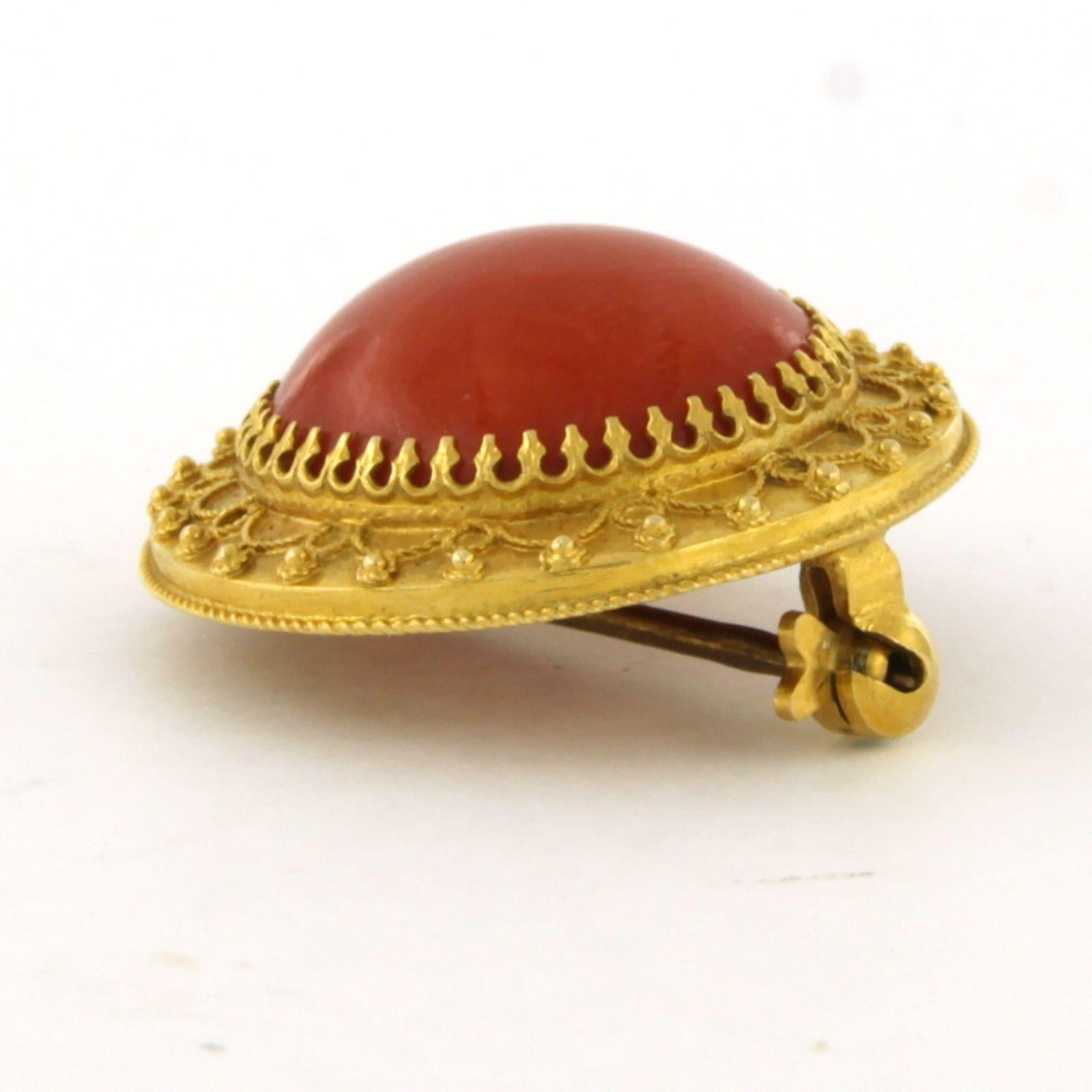 Broche de oro amarillo de 14 quilates engastado con coral - dimensiones 2,2 cm de diámetro

Descripción detallada:

El broche mide aproximadamente 2,2 cm de diámetro y 7,5 mm de alto

Peso: 3.9 gramos

Juego con

- 1 coral redondo talla cabujón de