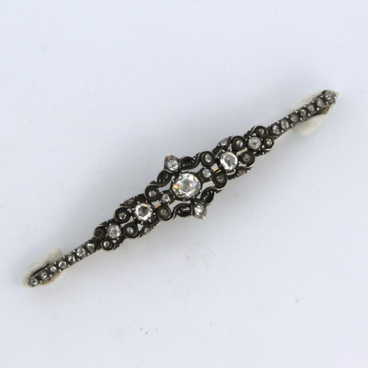 Rose Cut Brooch with diamonds 14k yellow gold and silver For Sale