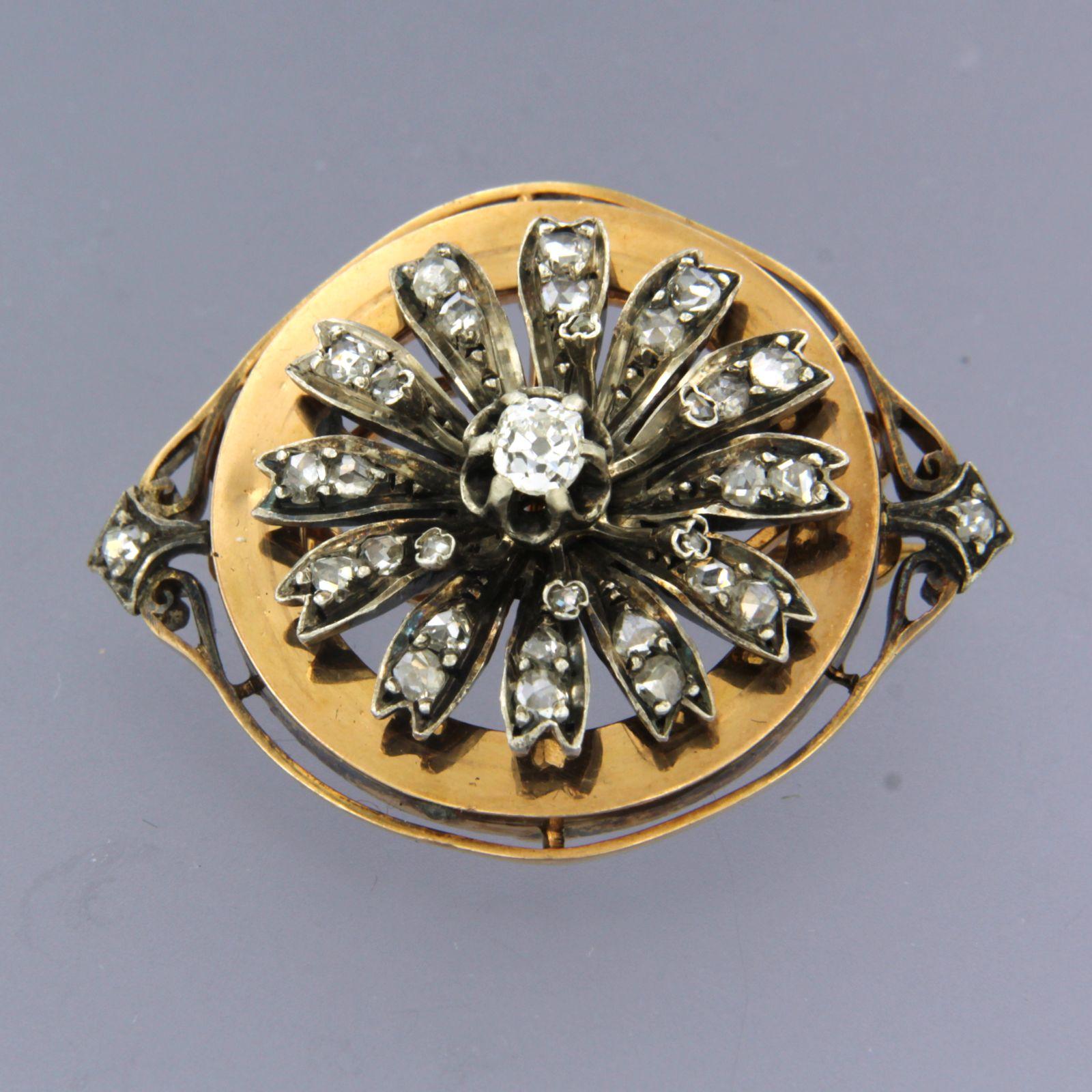 Rose Cut Brooch with diamonds 18k gold with silver For Sale