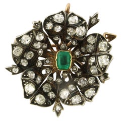 Spilla con smeraldo, diamanti old mine e rosa fino a 5,00ct in oro 18k e argento