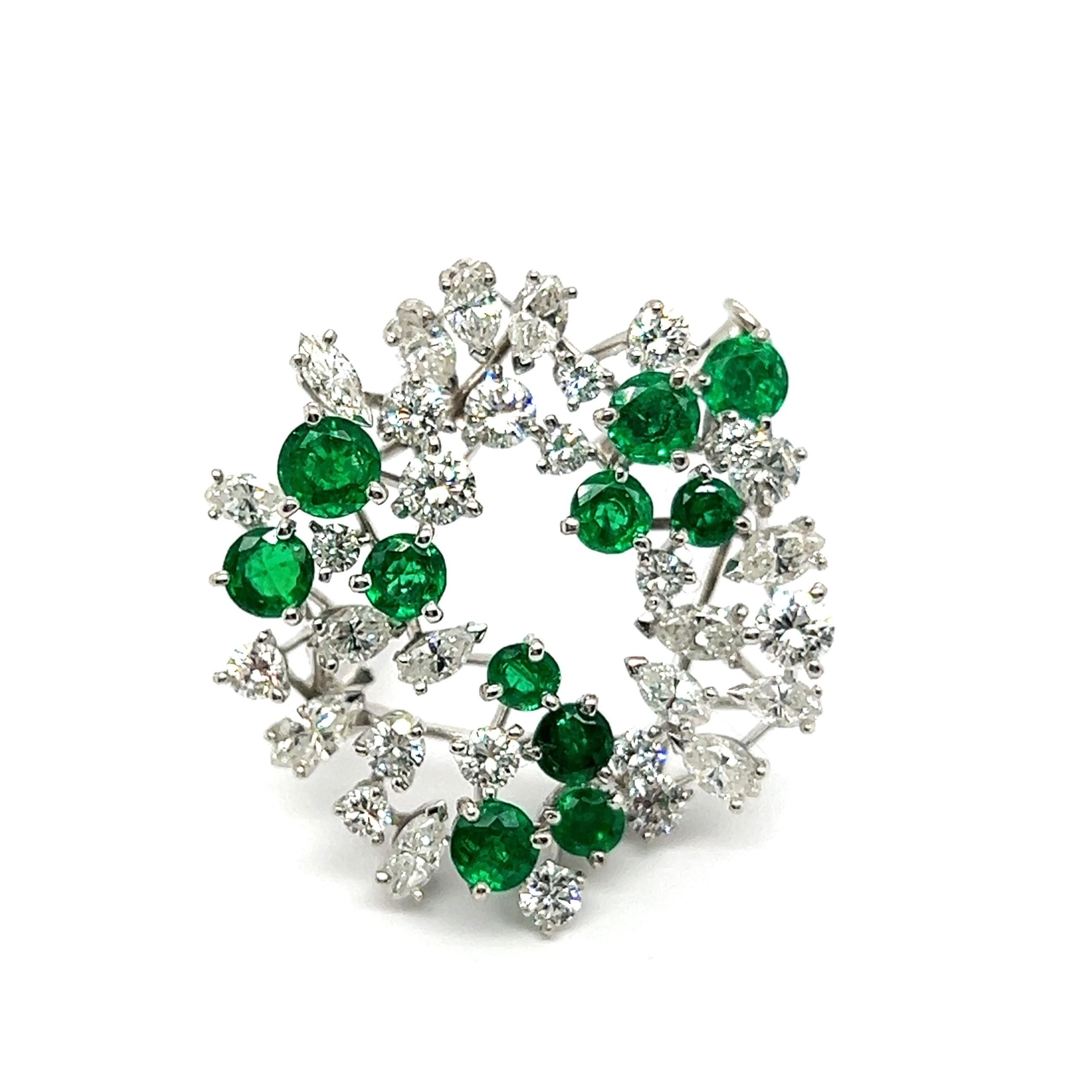 Modern Brooch with Emeralds & Diamonds in 18 Karat White Gold by Meister For Sale