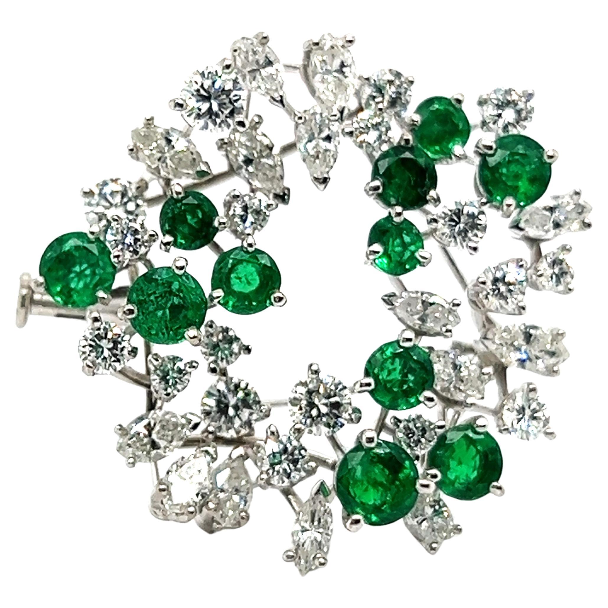 Brooch with Emeralds & Diamonds in 18 Karat White Gold by Meister For Sale