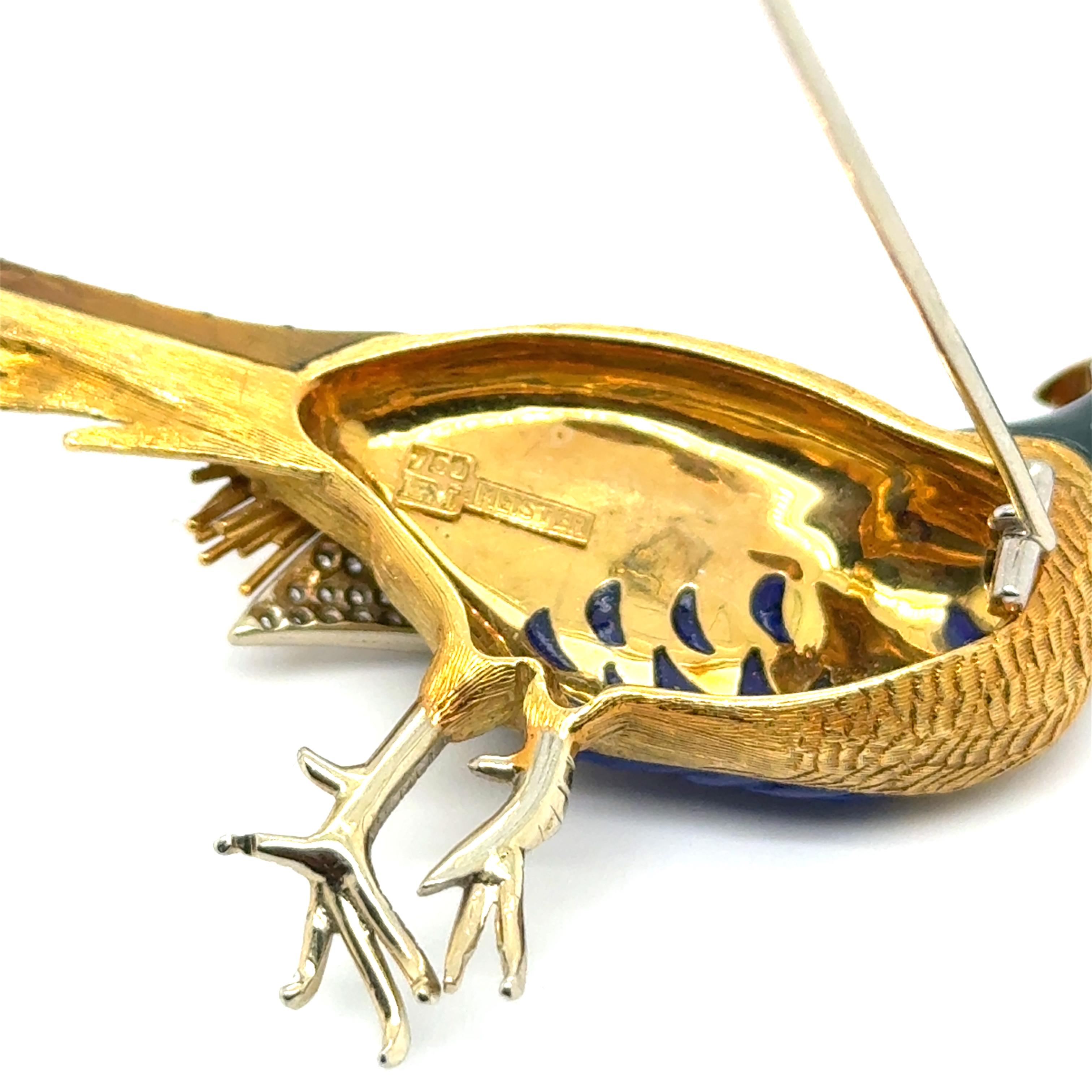 Brooch with Enamel, Lapis & Diamonds in 18 Karat Yellow & White Gold by Meister For Sale 7