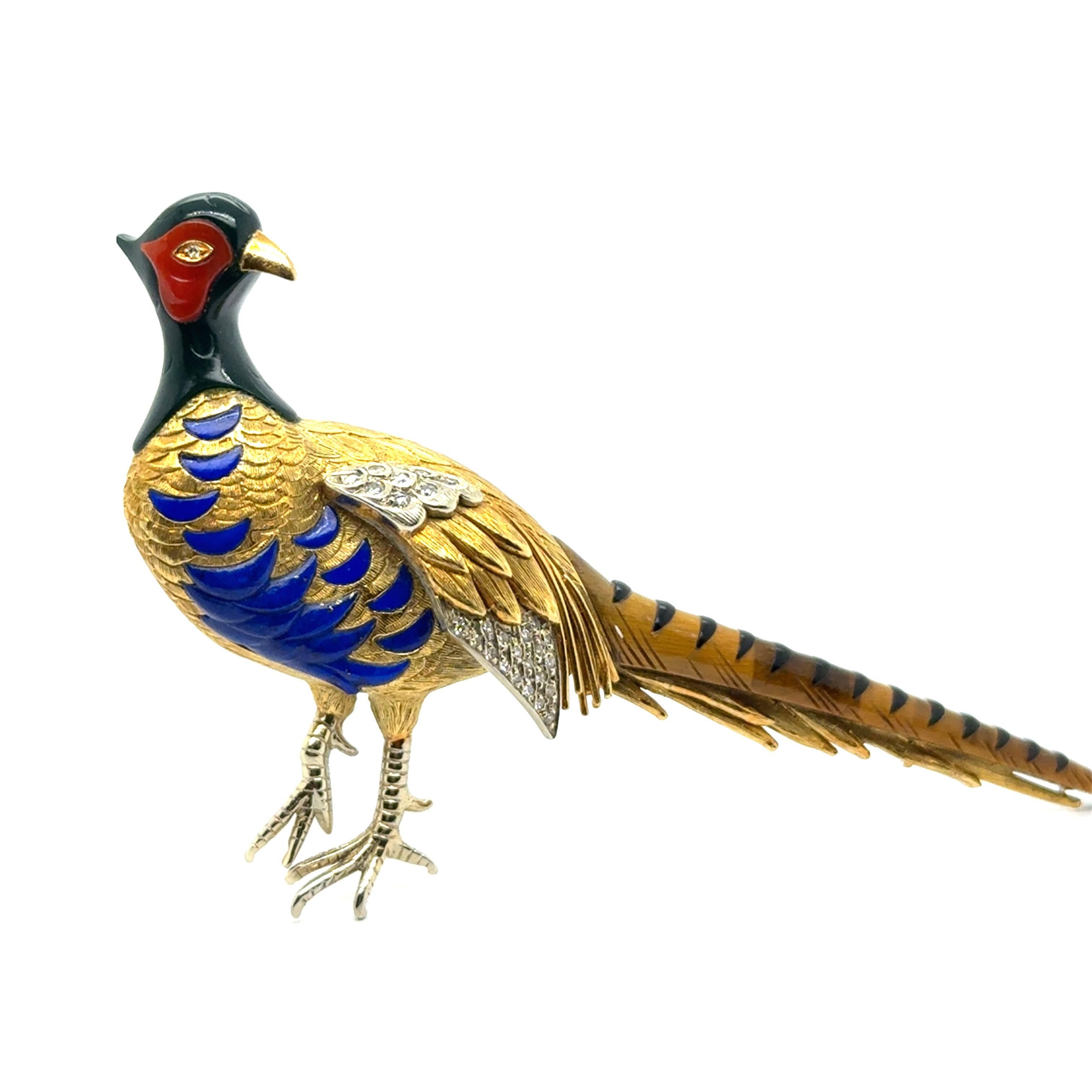 This exquisite pheasant brooch by Swiss jeweler Meister highlights timeless elegance and masterful artistry. 

Crafted in 18-karat yellow and white gold, the wing shimmers with 28 8/8-cut diamonds totaling 0.30 carats. Rich enamel, lapis lazuli, and