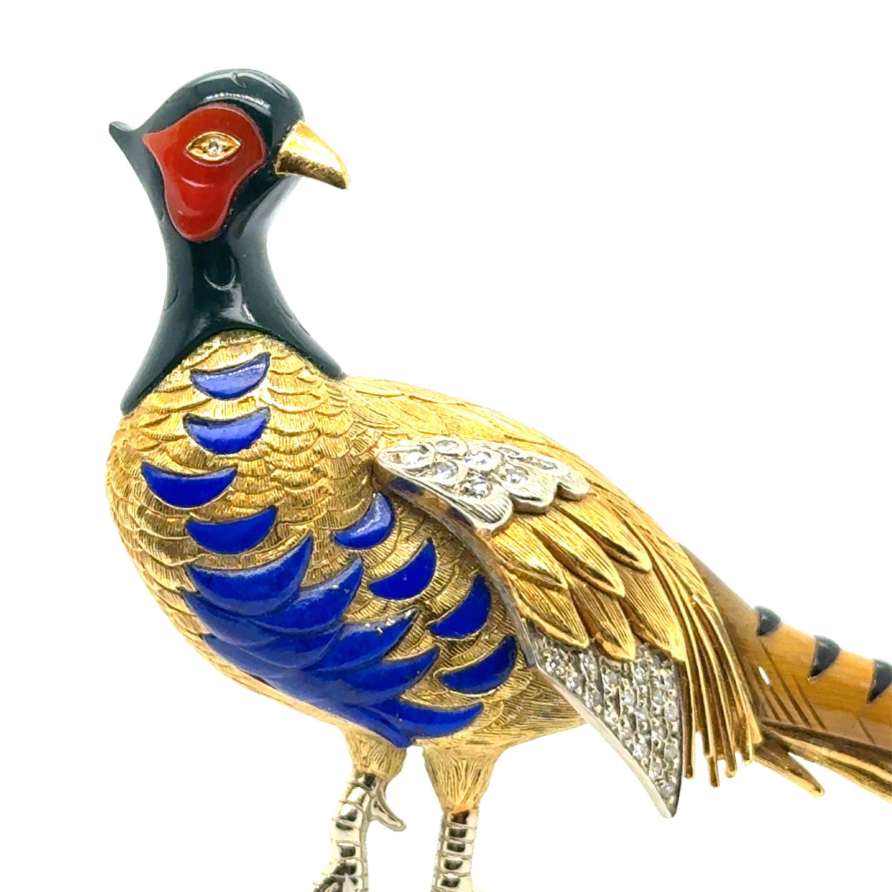 Single Cut Brooch with Enamel, Lapis & Diamonds in 18 Karat Yellow & White Gold by Meister For Sale