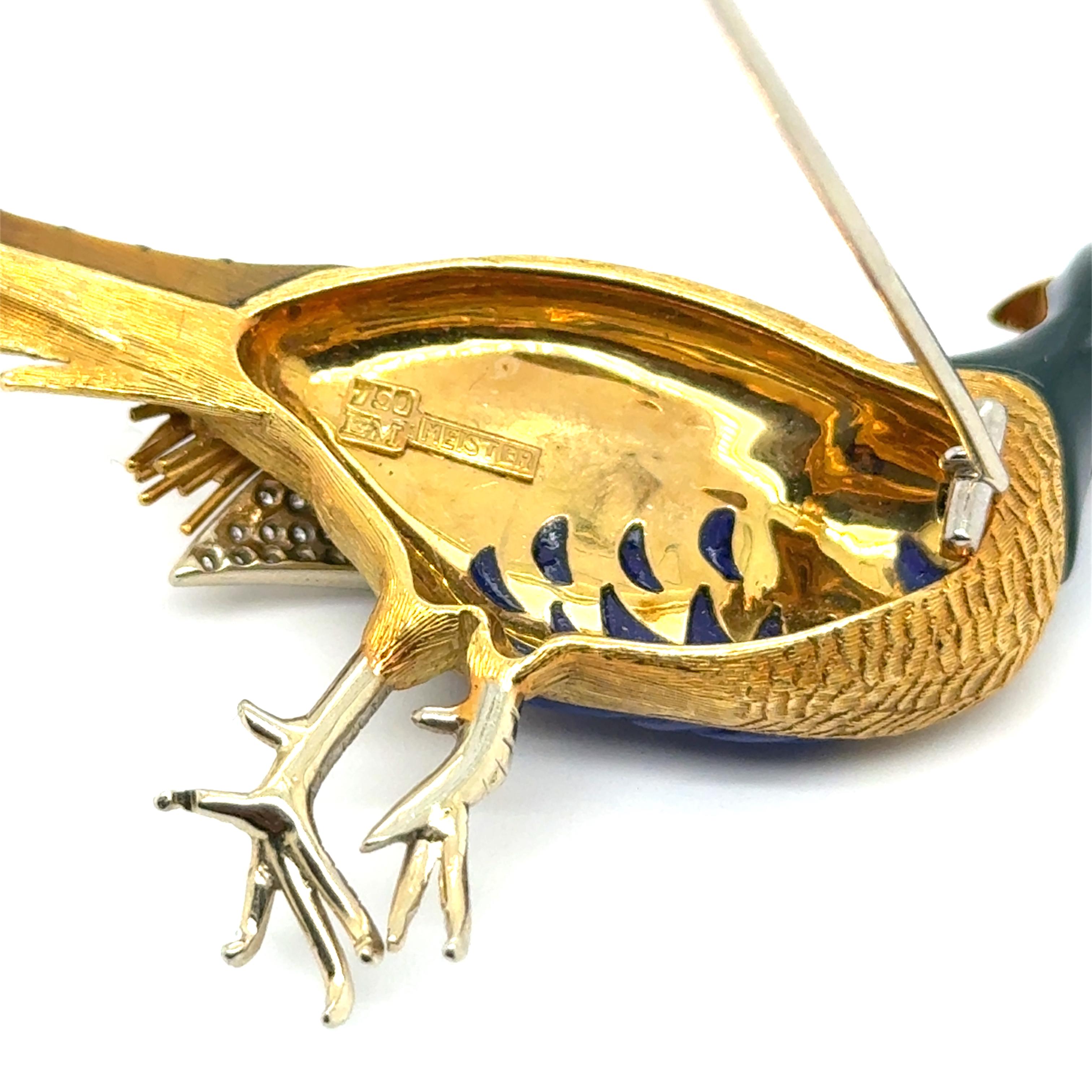 Brooch with Enamel, Lapis & Diamonds in 18 Karat Yellow & White Gold by Meister For Sale 3