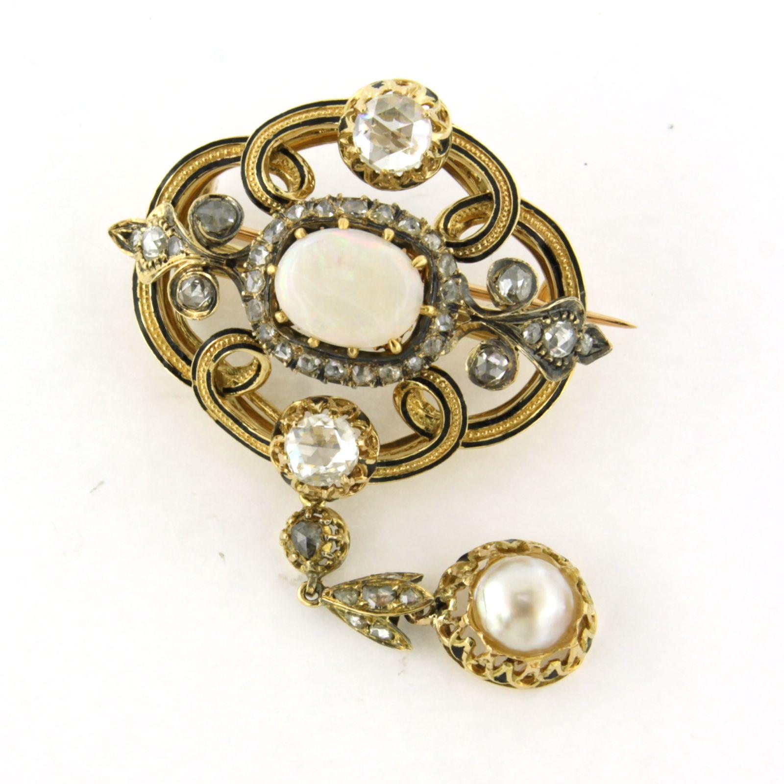 Brosche mit Emaille, Perle, Opal und Diamanten bis zu 1,60ct 14k Gold (Frühviktorianisch) im Angebot