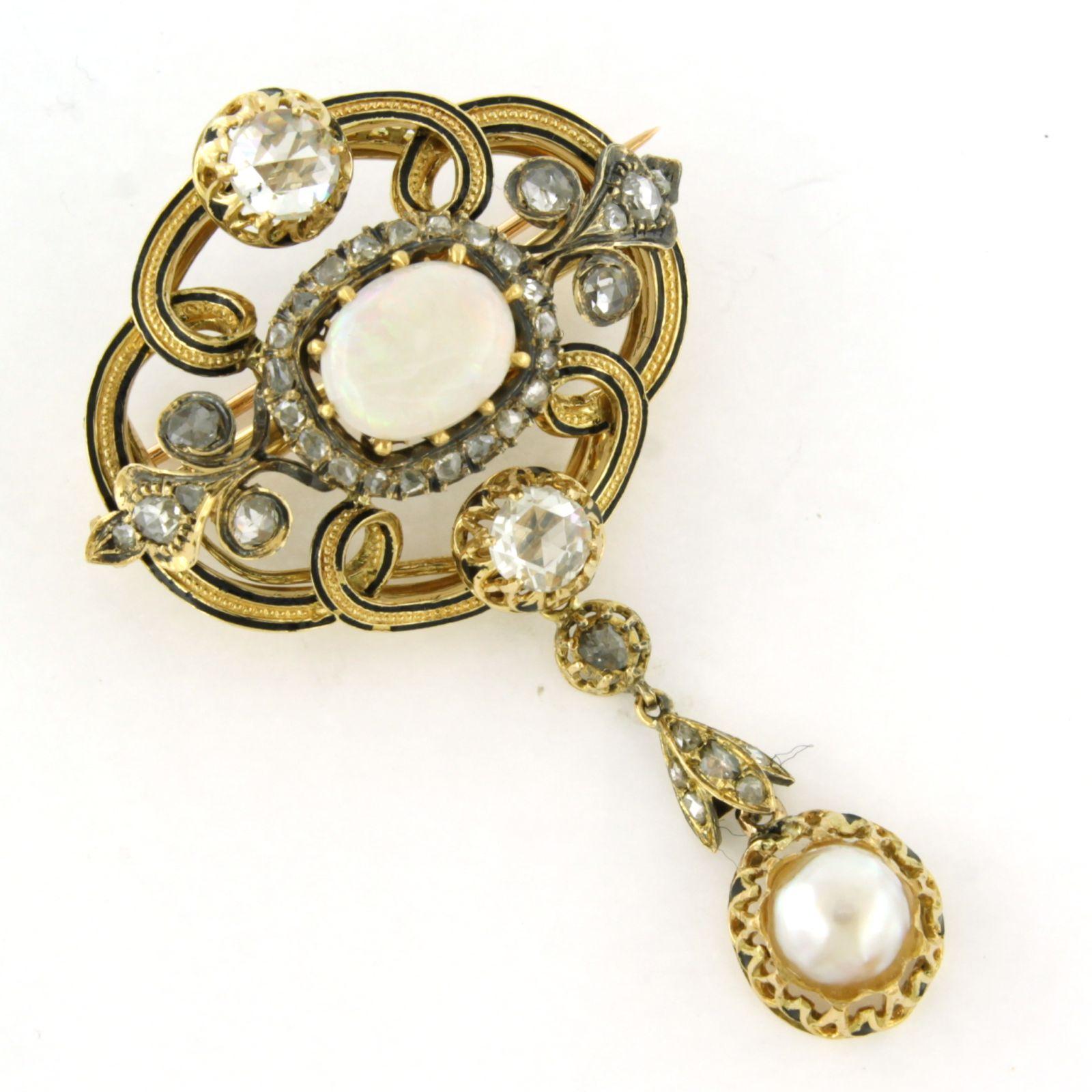 Brosche mit Emaille, Perle, Opal und Diamanten bis zu 1,60ct 14k Gold im Zustand „Hervorragend“ im Angebot in The Hague, ZH
