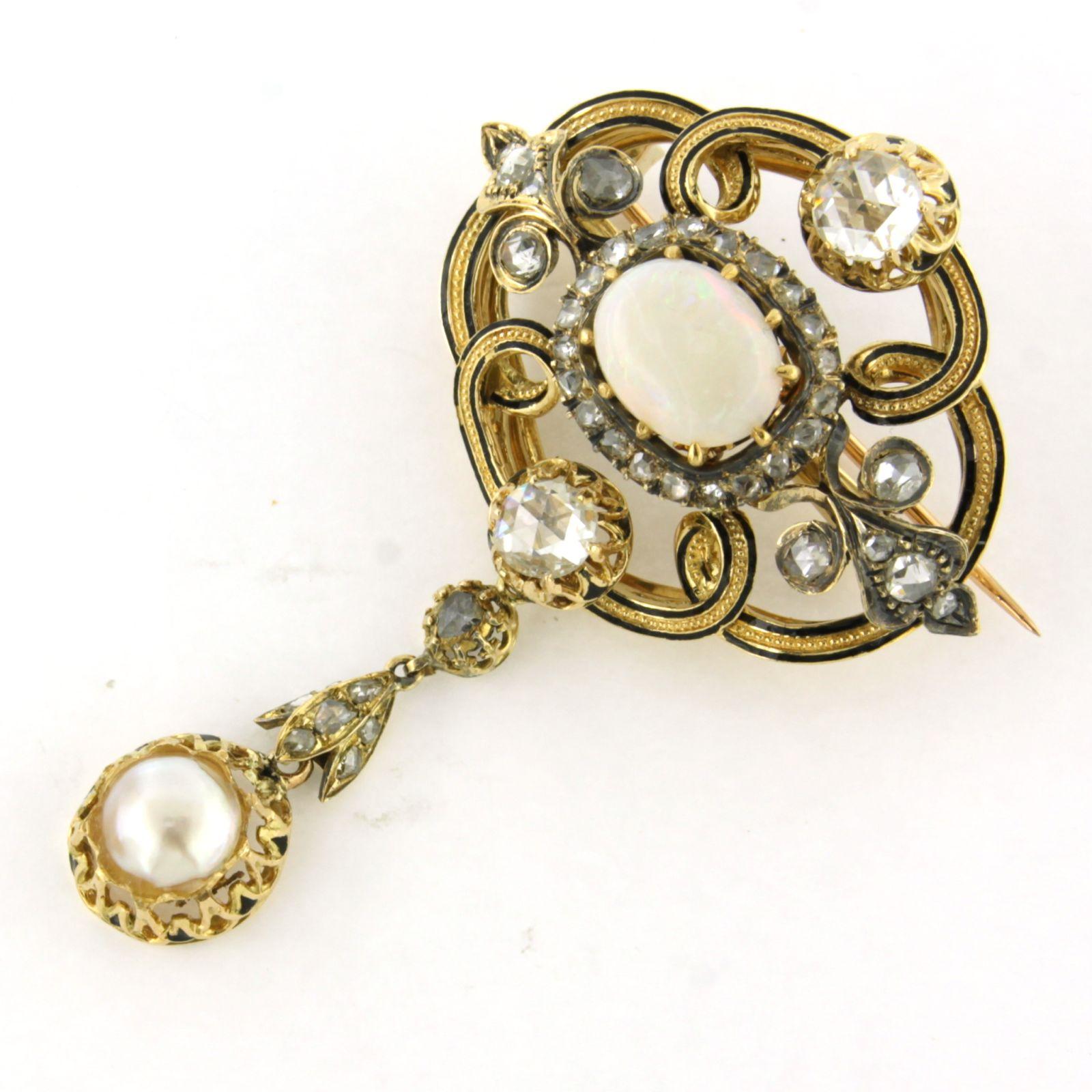 Brosche mit Emaille, Perle, Opal und Diamanten bis zu 1,60ct 14k Gold Damen im Angebot