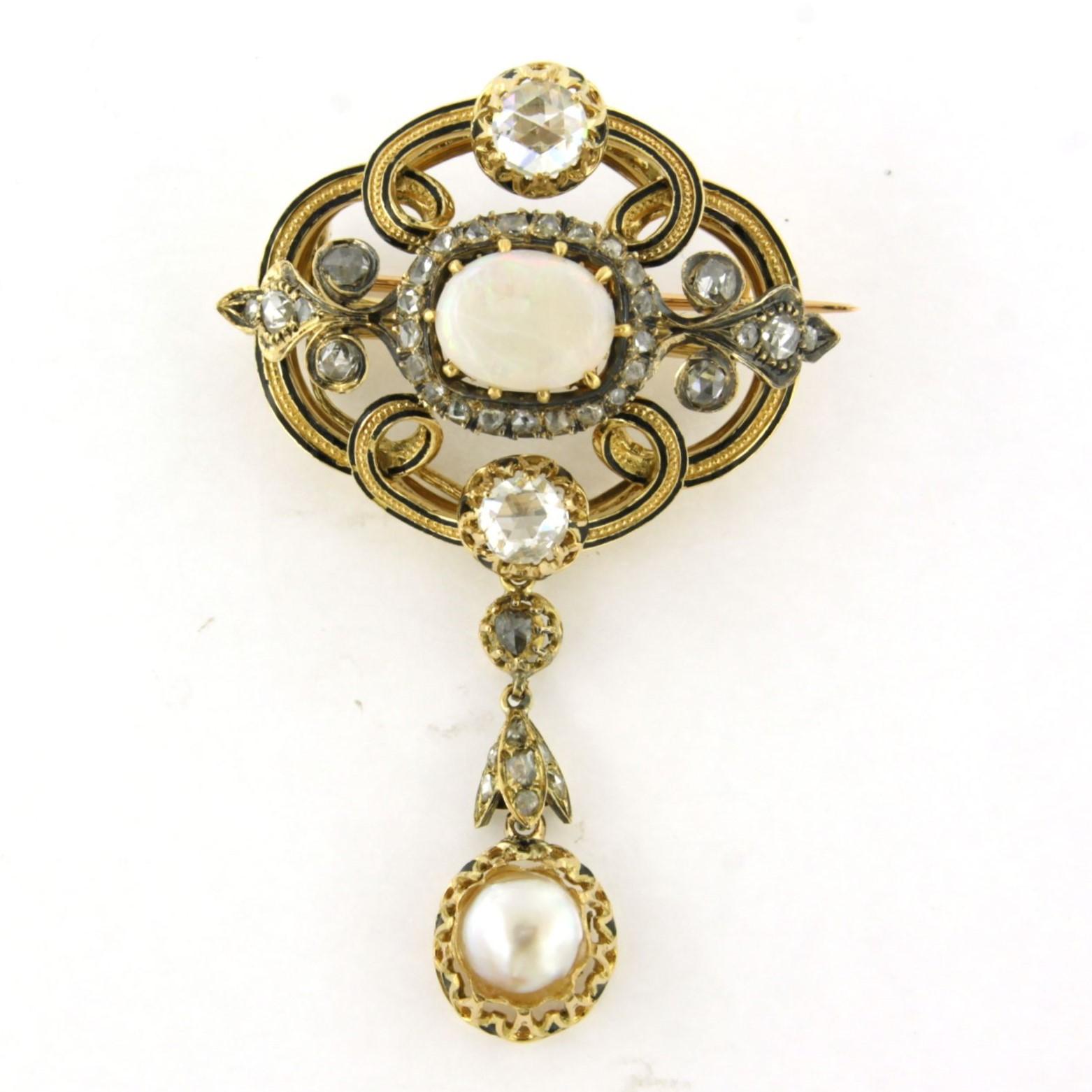 Brooch with enamel, pearl, opal and diamonds up to 1.60ct 14k gold