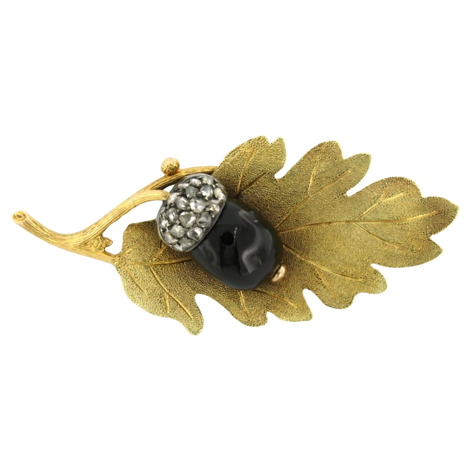 Brosche mit Granat und Rosendiamanten 14k Gelbgold und Silber