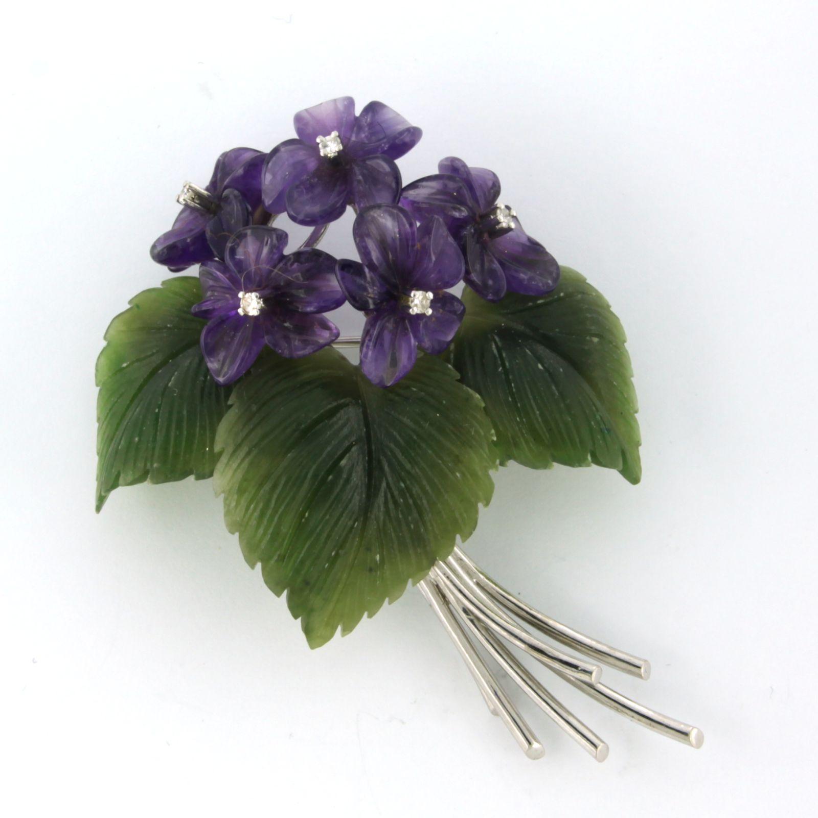 Modern Brooch with jade, amethyst and single cut diamonds 18k white gold
