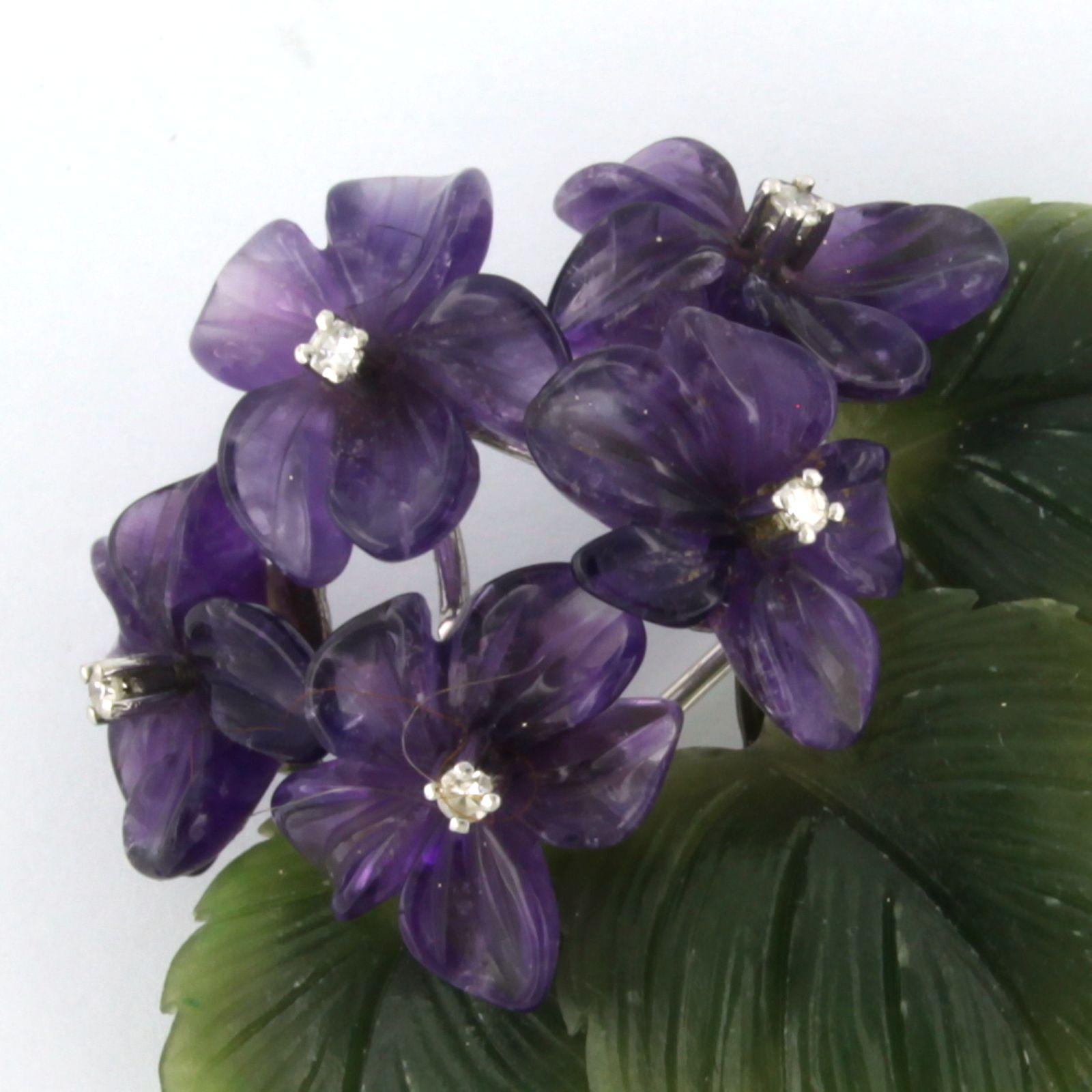 Single Cut Brooch with jade, amethyst and single cut diamonds 18k white gold
