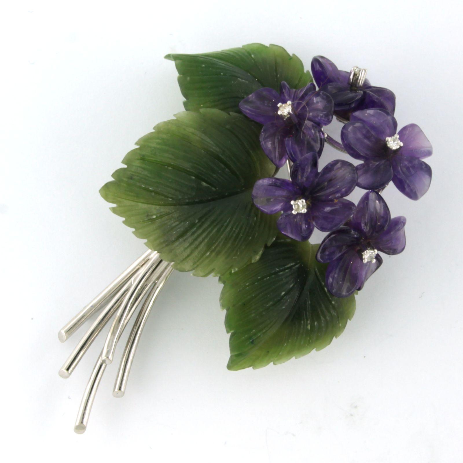 Women's Brooch with jade, amethyst and single cut diamonds 18k white gold