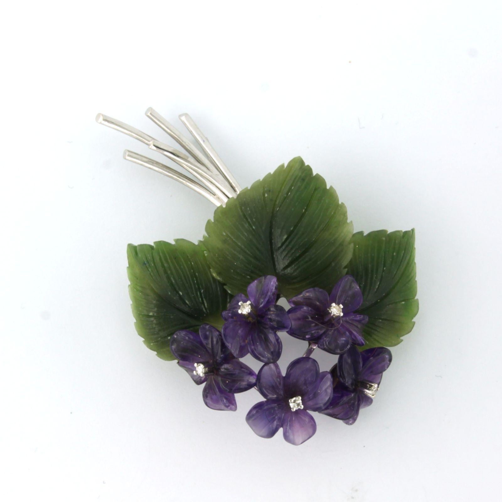 Brooch with jade, amethyst and single cut diamonds 18k white gold 1