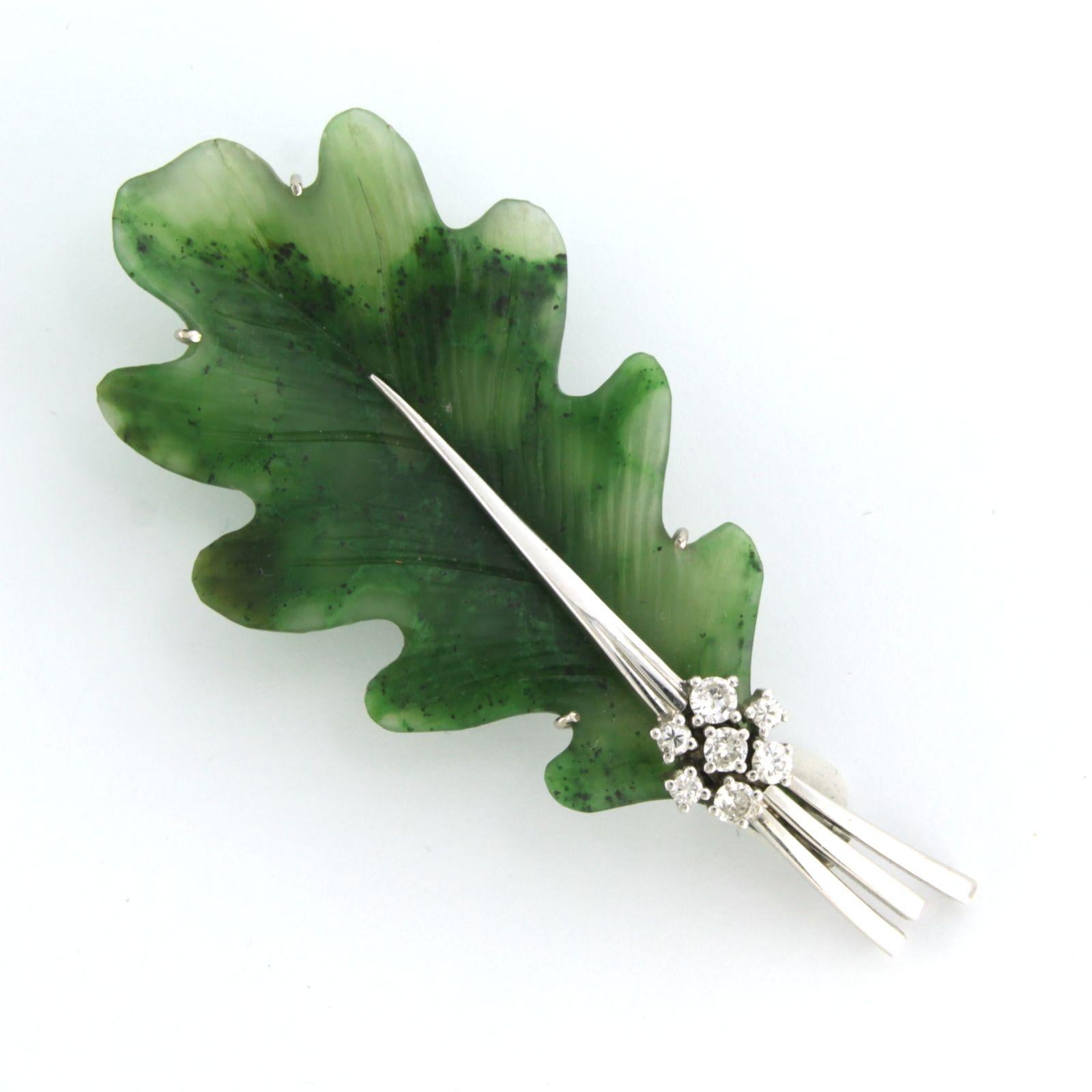 Modern Brooch with moss agate and diamonds up to 0.20ct 18k white gold For Sale