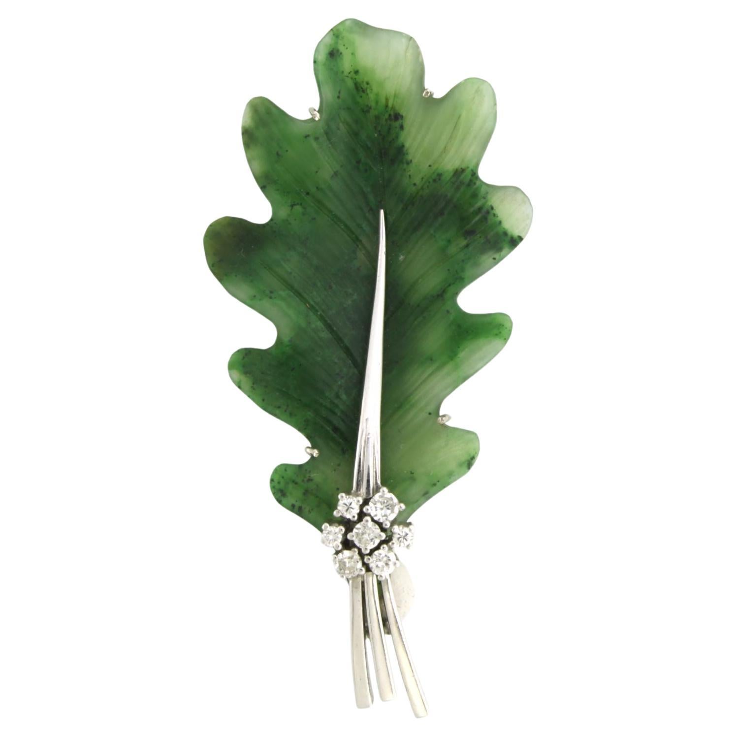 Brooch with moss agate and diamonds up to 0.20ct 18k white gold