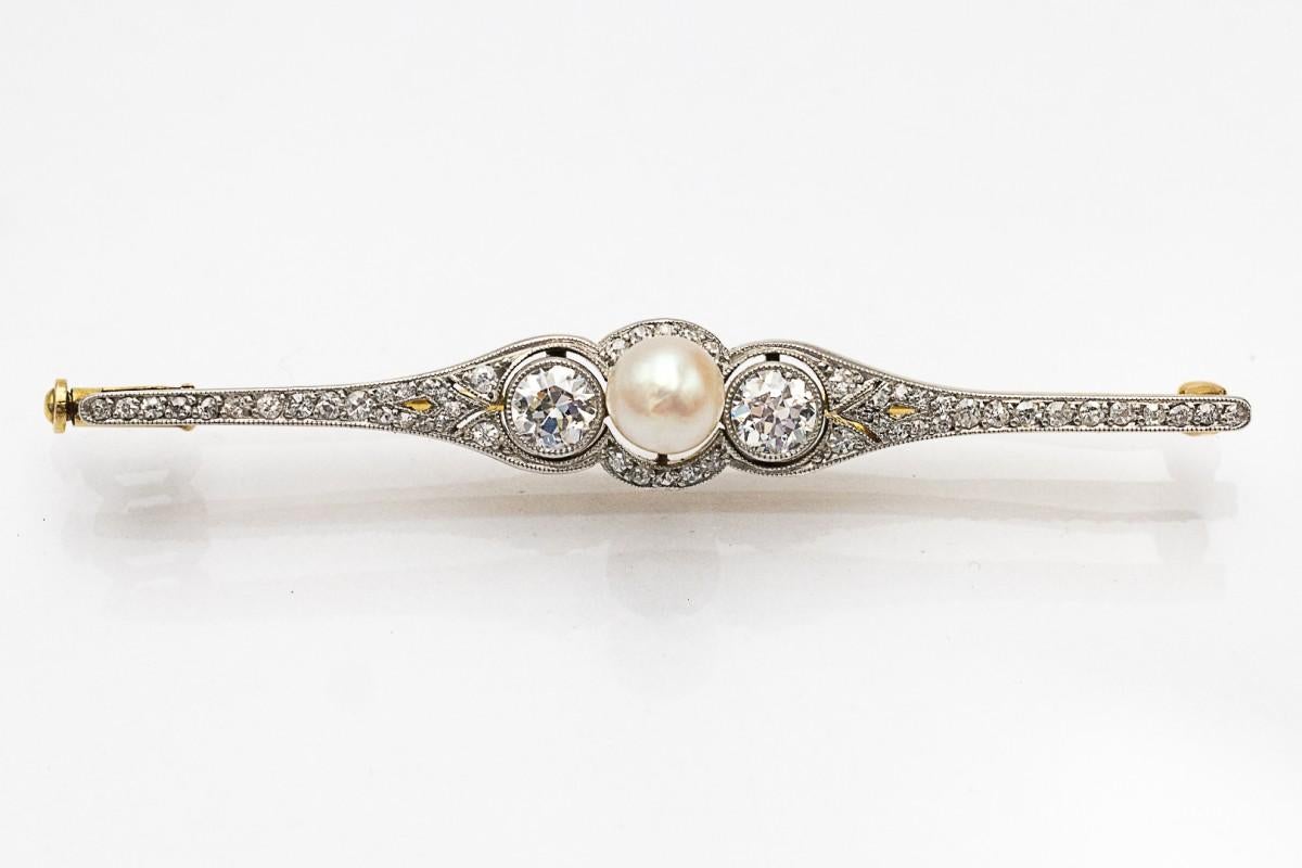 Brosche mit 0,95 Karat alten europäischen Diamanten und Zuchtperlen, frühes XX. Jahrhundert