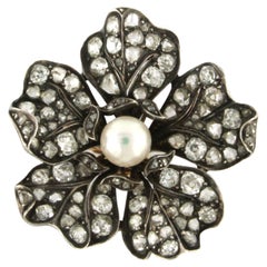 Brooch with pearl and diamonds 14k yellow gold and 835 silver