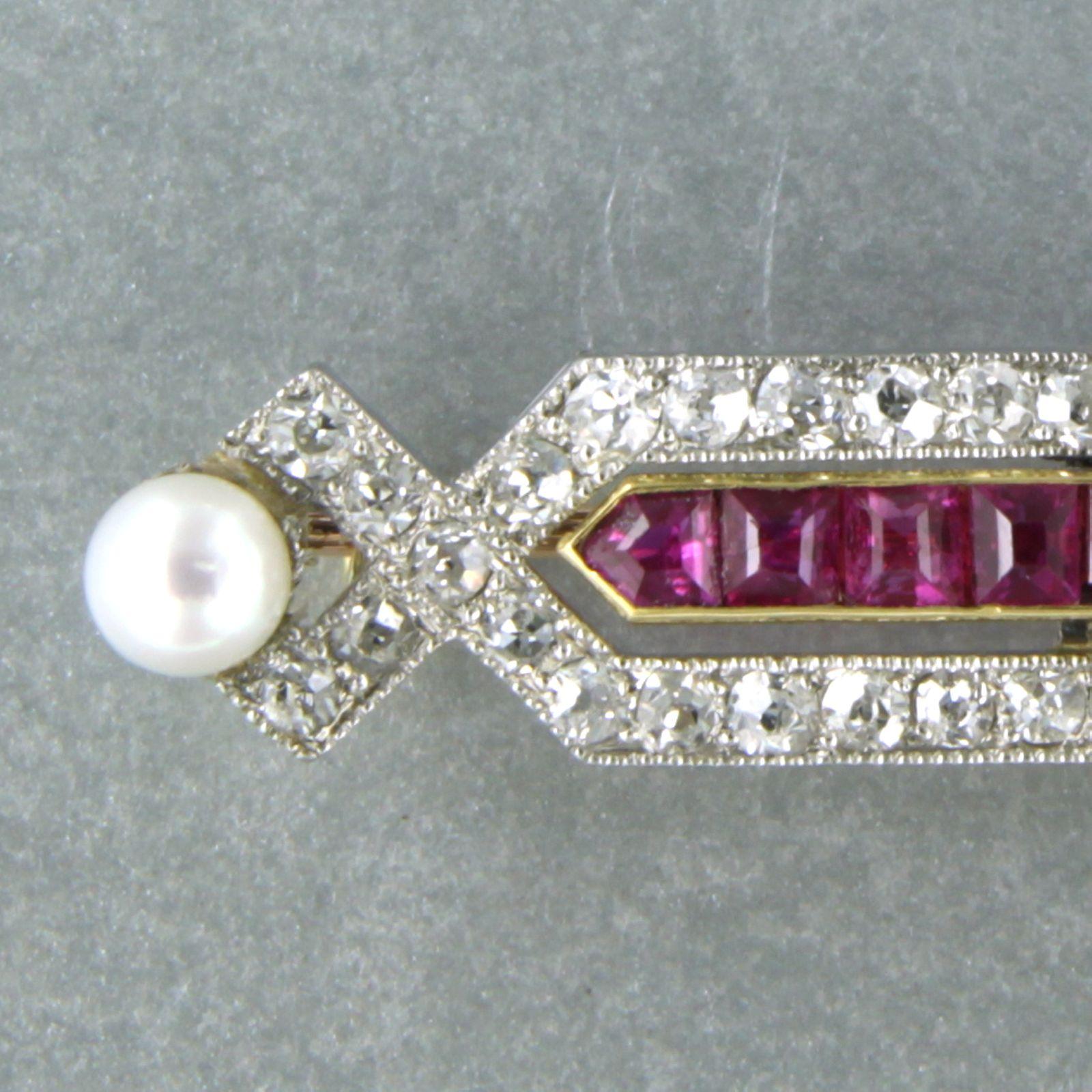 Art Deco Brooch with pearl, ruby and diamond 18k gold with platinum For Sale