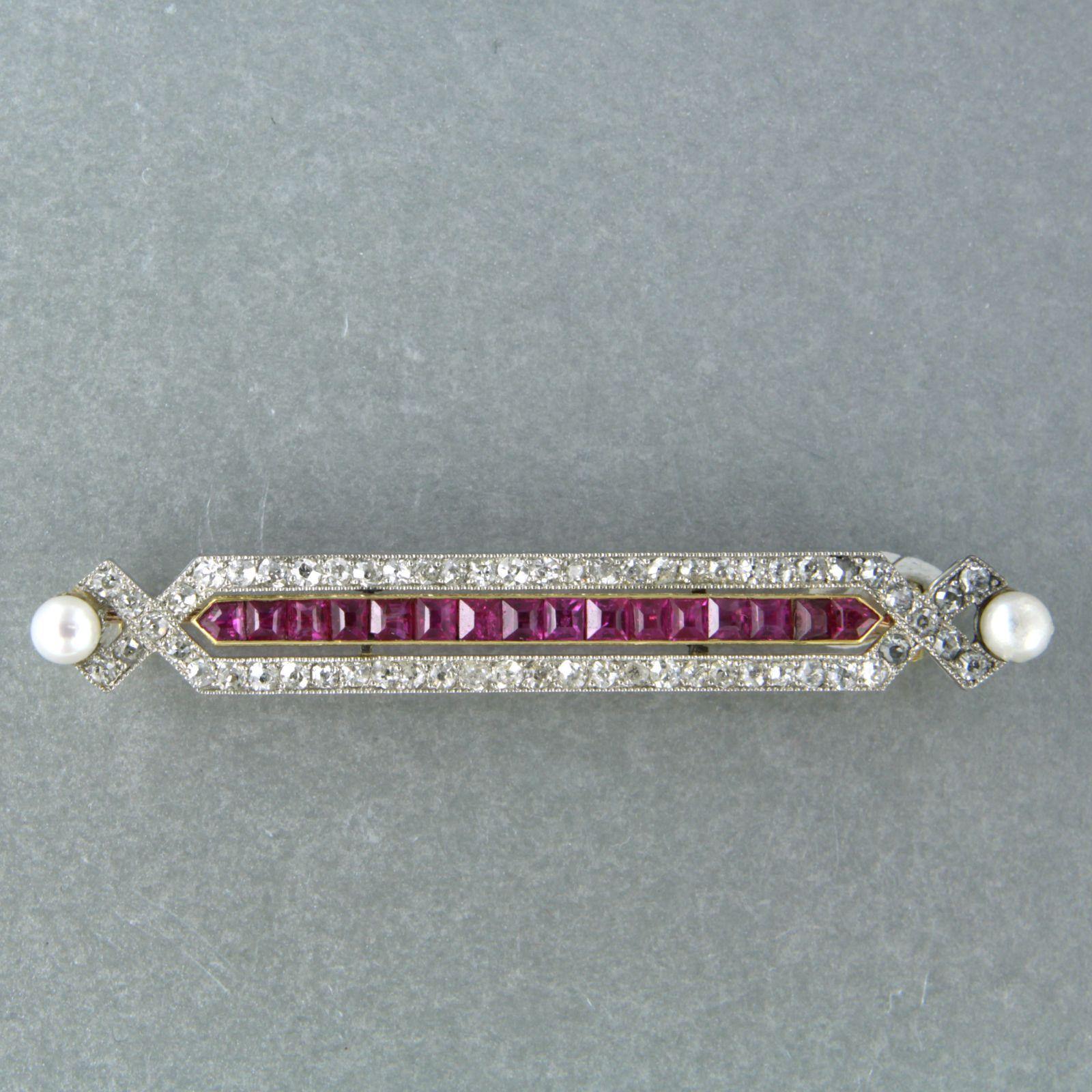 Old Mine Cut Brooch with pearl, ruby and diamond 18k gold with platinum For Sale