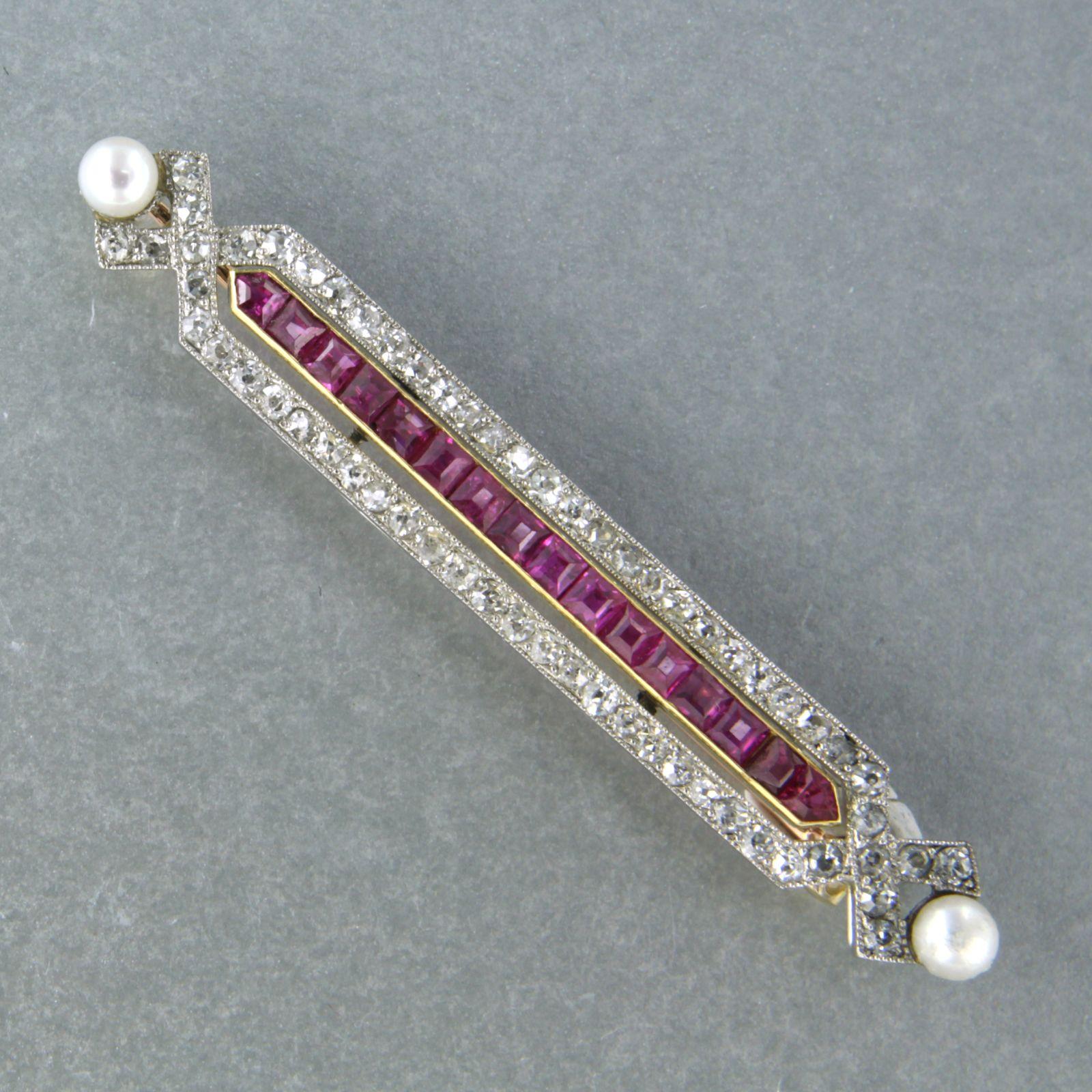Women's or Men's Brooch with pearl, ruby and diamond 18k gold with platinum For Sale