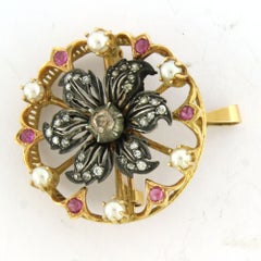 Broche avec perle, rubis et diamants taille ancienne jusqu'à 0,80ct Or 18k/argent