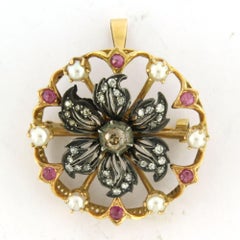 Broche avec perle, rubis et diamants taille ancienne jusqu'à 0,80ct Or 18k/argent