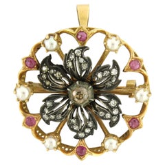 Broche avec perle, rubis et diamants taille ancienne jusqu'à 0,80ct Or 18k/argent