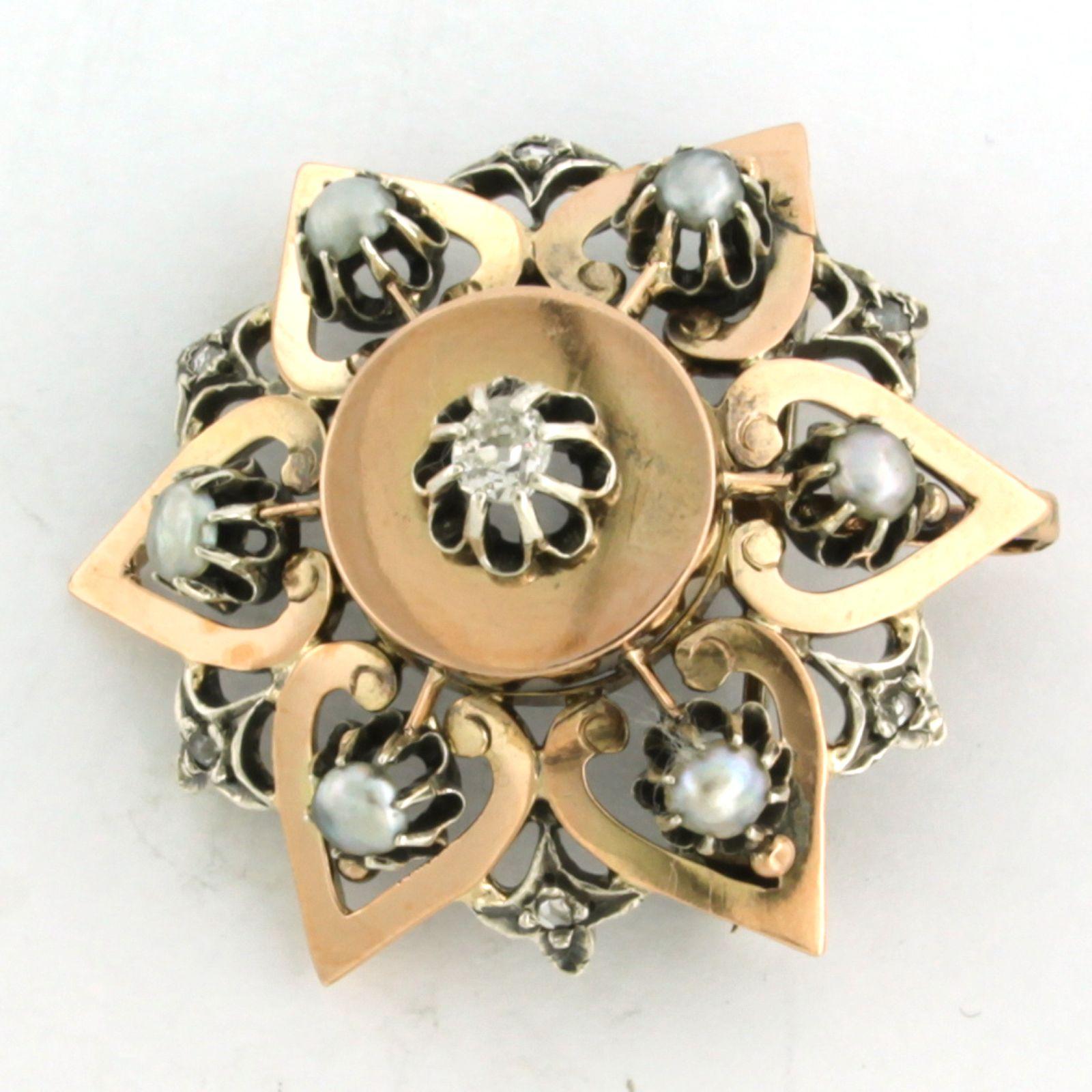 Old Mine Cut Brooch with pearls and diamonds up to 0.15ct 14k pink gold and silver For Sale