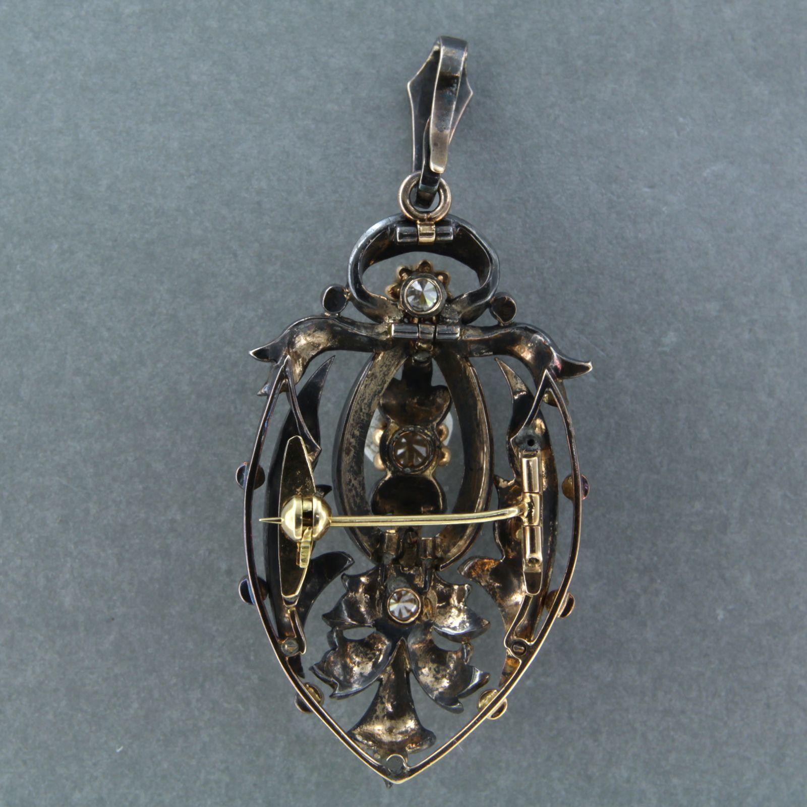 Women's Brooch with pearls and old mine cut diamonds up to 0.35ct 14k gold and silver For Sale