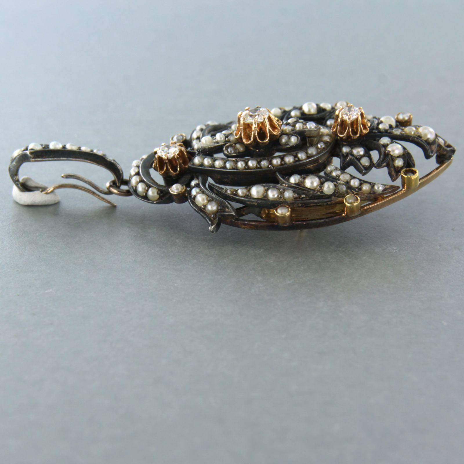 Brooch with pearls and old mine cut diamonds up to 0.35ct 14k gold and silver For Sale 1