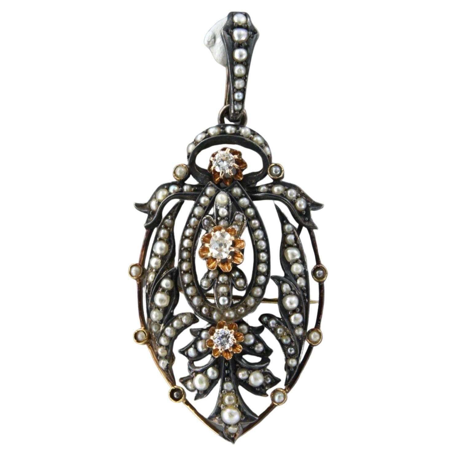 Brooch with pearls and old mine cut diamonds up to 0.35ct 14k gold and silver