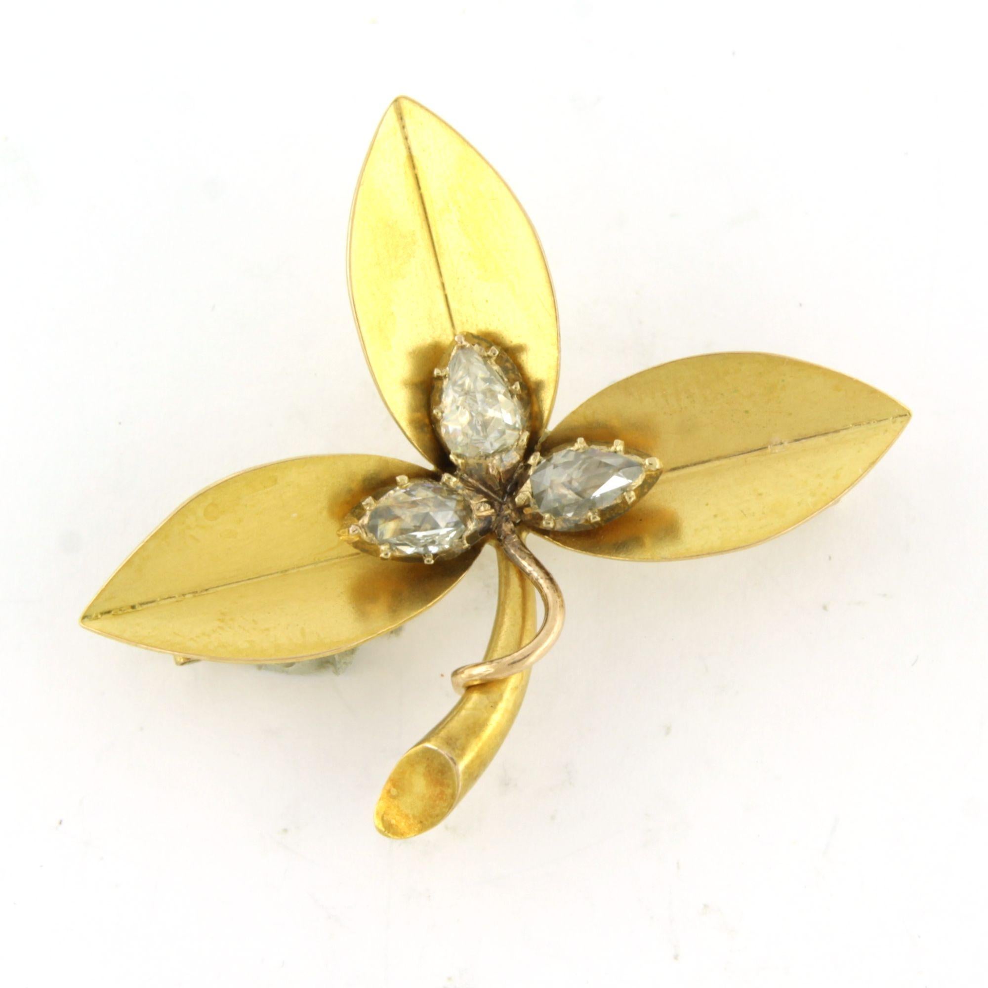 Broche en or jaune 14k sertie de diamants taille rose jusqu'à 0,75 ct - G/H - SI

Description détaillée :

La broche mesure 4,0 cm de long et 3,4 cm de large.

Poids : 5.1 grammes

Ensemble avec

- 3 x 5,7 mm x 3,4 mm diamants taillés en rose,