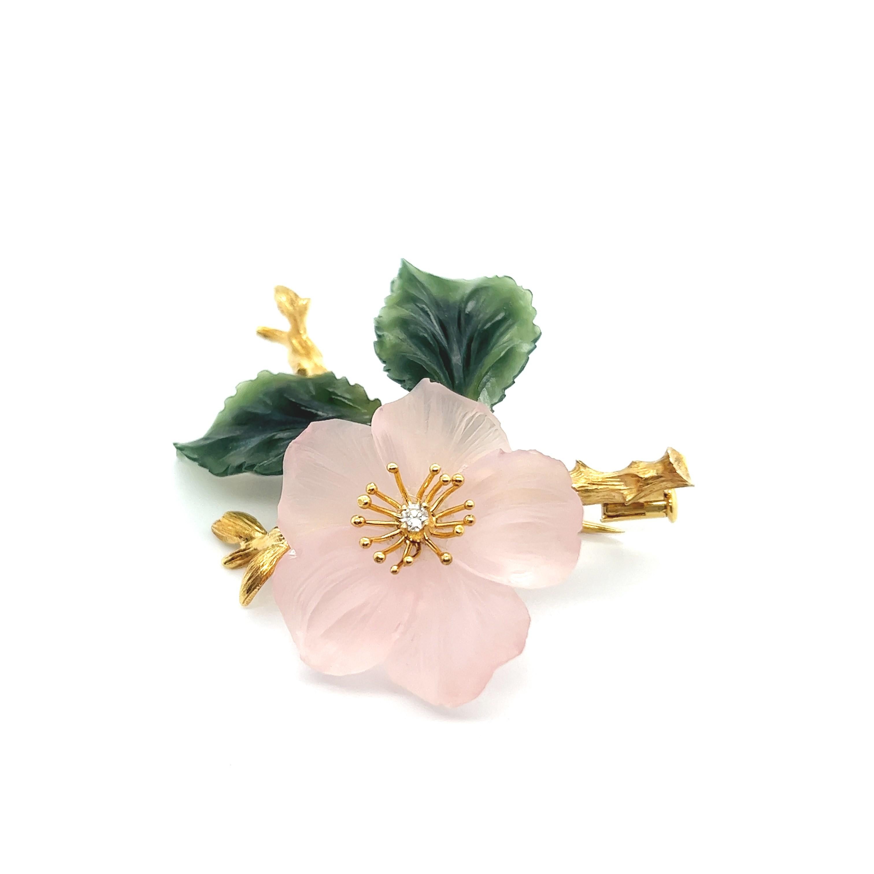 Brooch with Rose Quartz & Nephrite in 18 Karat Yellow Gold by Paltscho For Sale 4