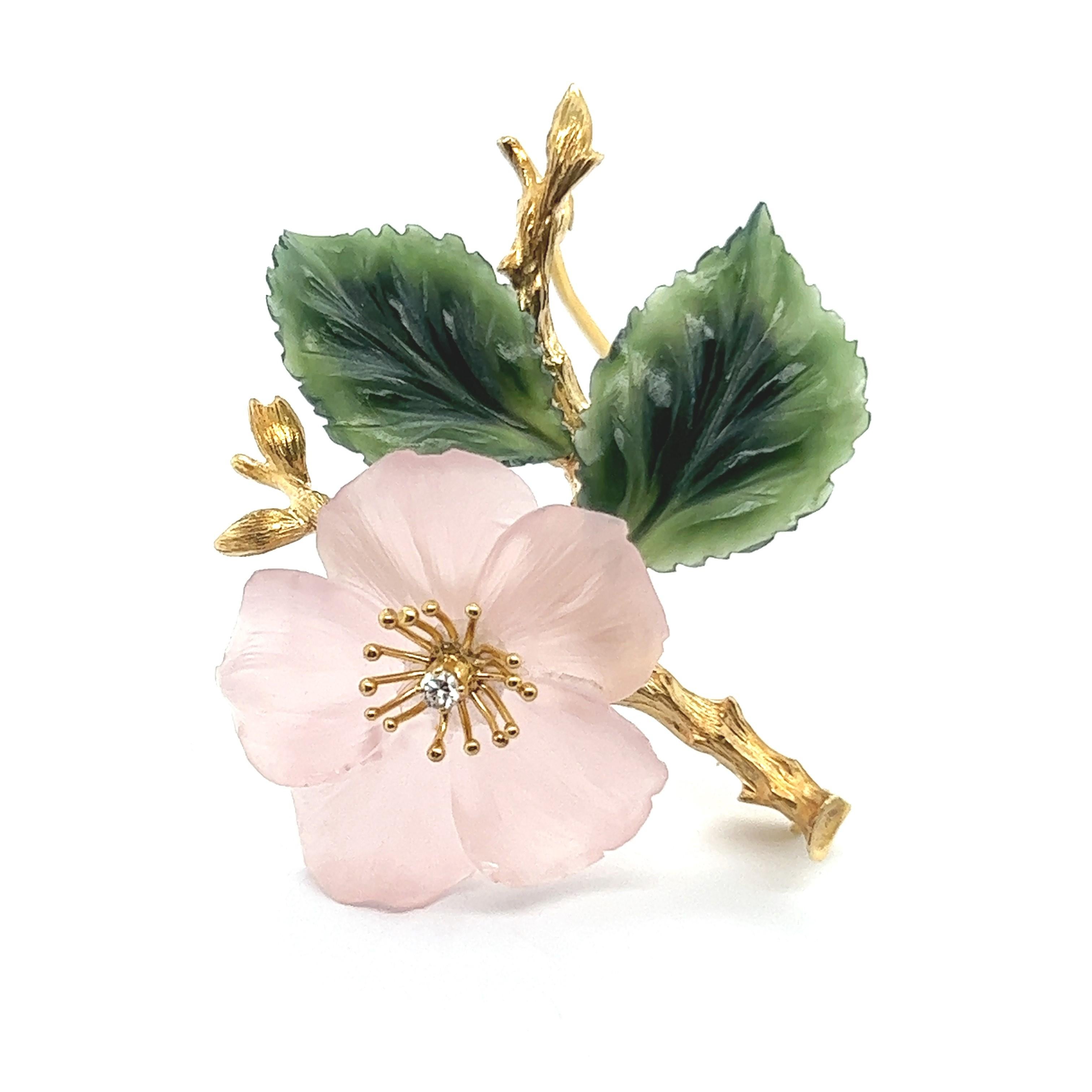 Brooch with Rose Quartz & Nephrite in 18 Karat Yellow Gold by Paltscho For Sale 6
