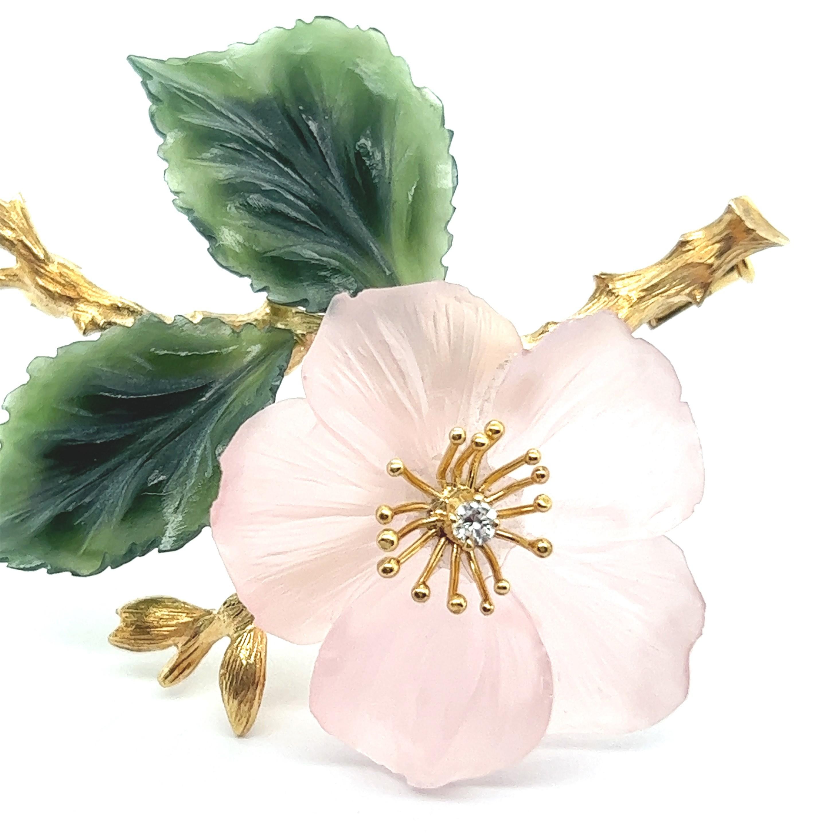 Artist Brooch with Rose Quartz & Nephrite in 18 Karat Yellow Gold by Paltscho For Sale