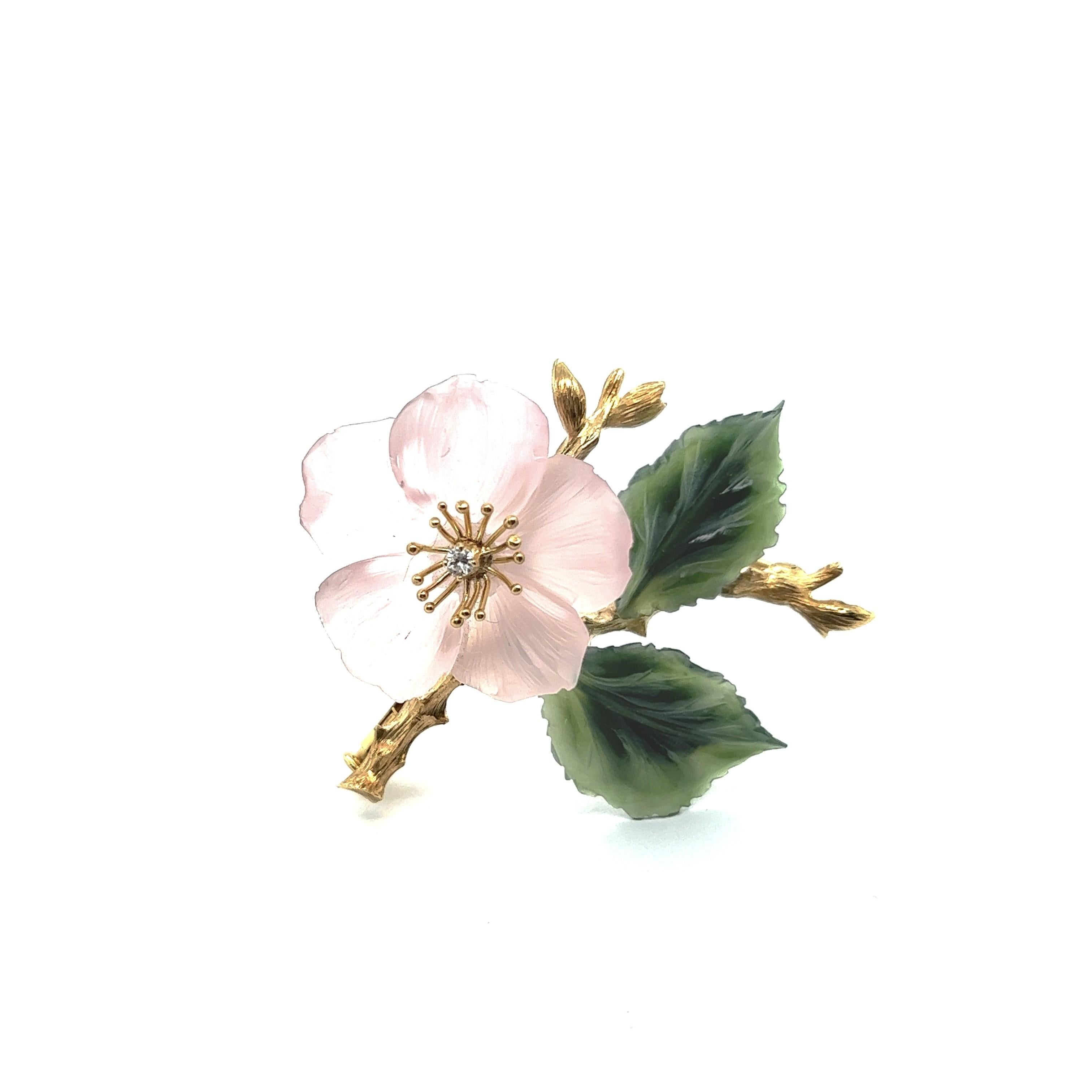 Brooch with Rose Quartz & Nephrite in 18 Karat Yellow Gold by Paltscho In Good Condition For Sale In Lucerne, CH