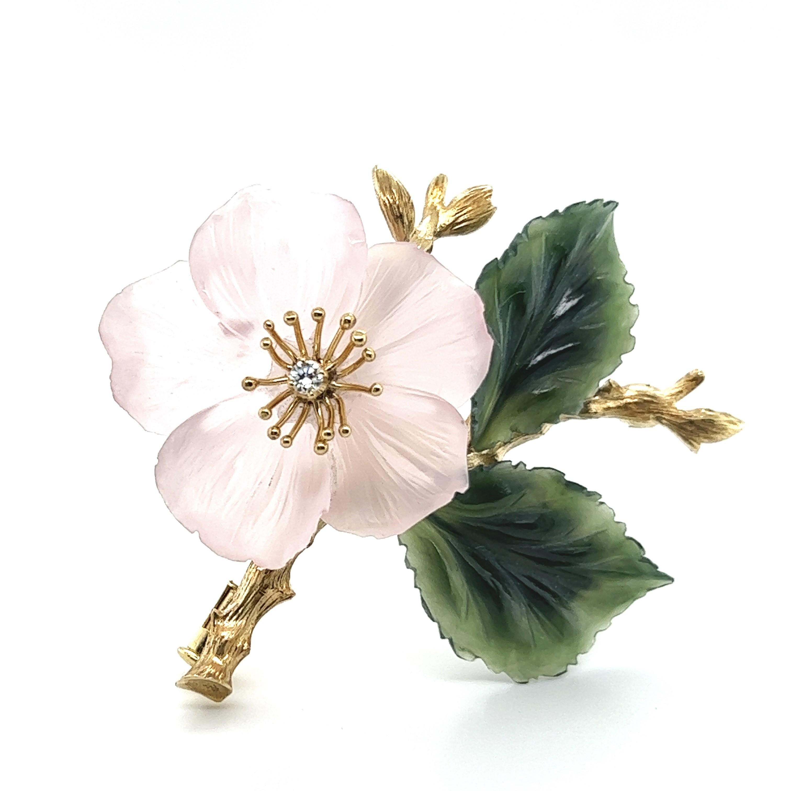 Brooch with Rose Quartz & Nephrite in 18 Karat Yellow Gold by Paltscho For Sale 1
