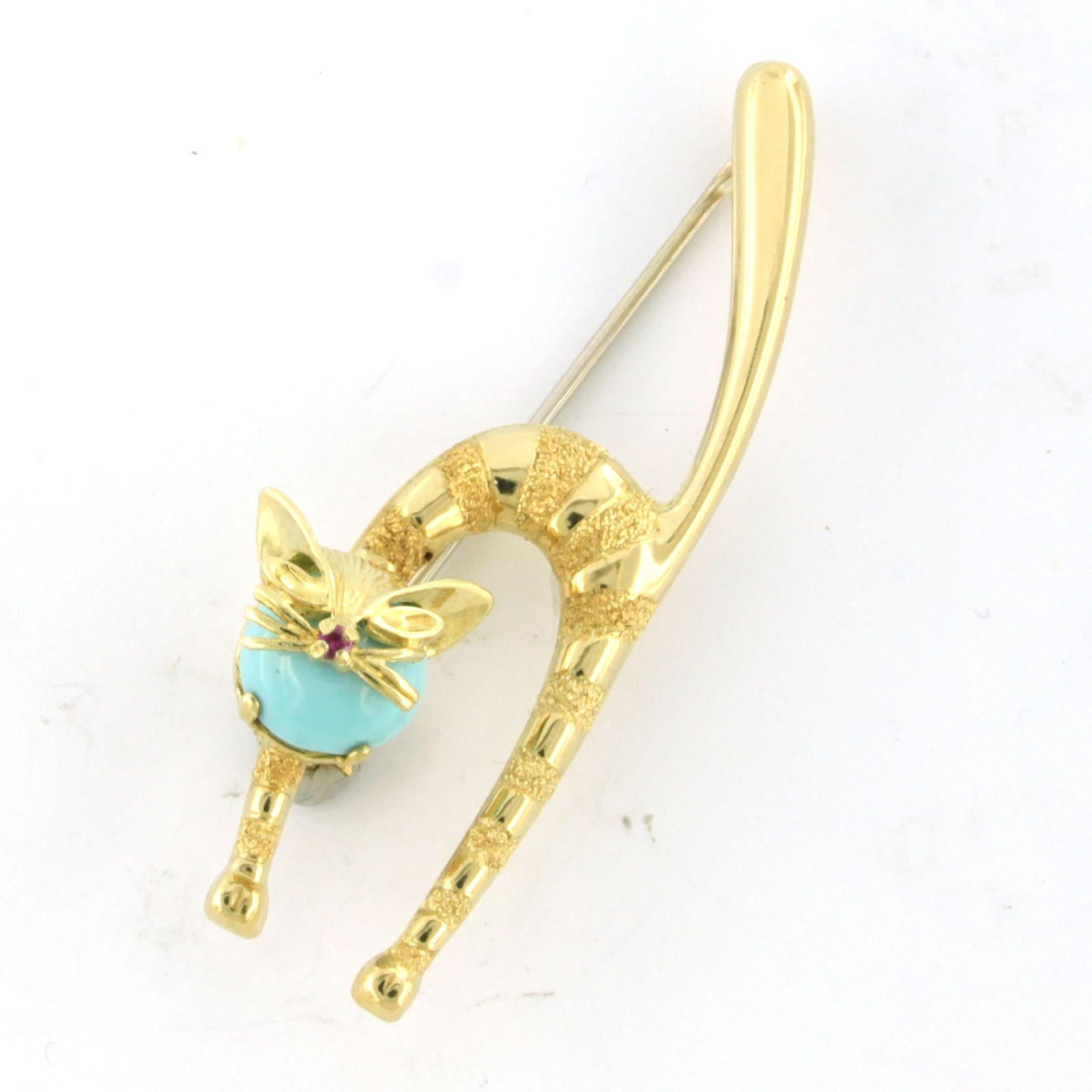Modern Brooch with Ruby and turquoise in shape of a cat 18k yellow gold