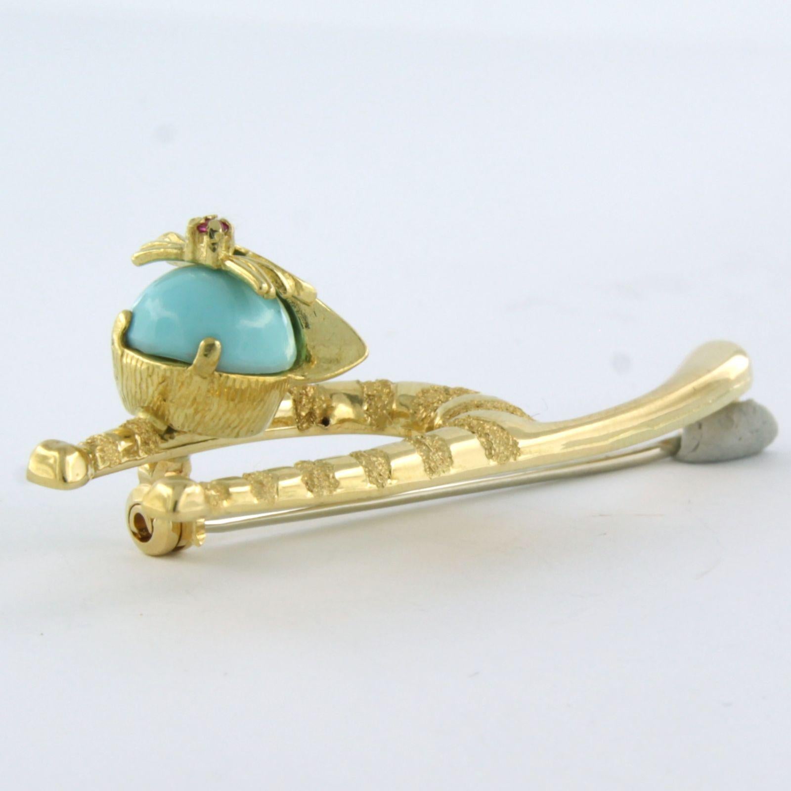 Women's Brooch with Ruby and turquoise in shape of a cat 18k yellow gold