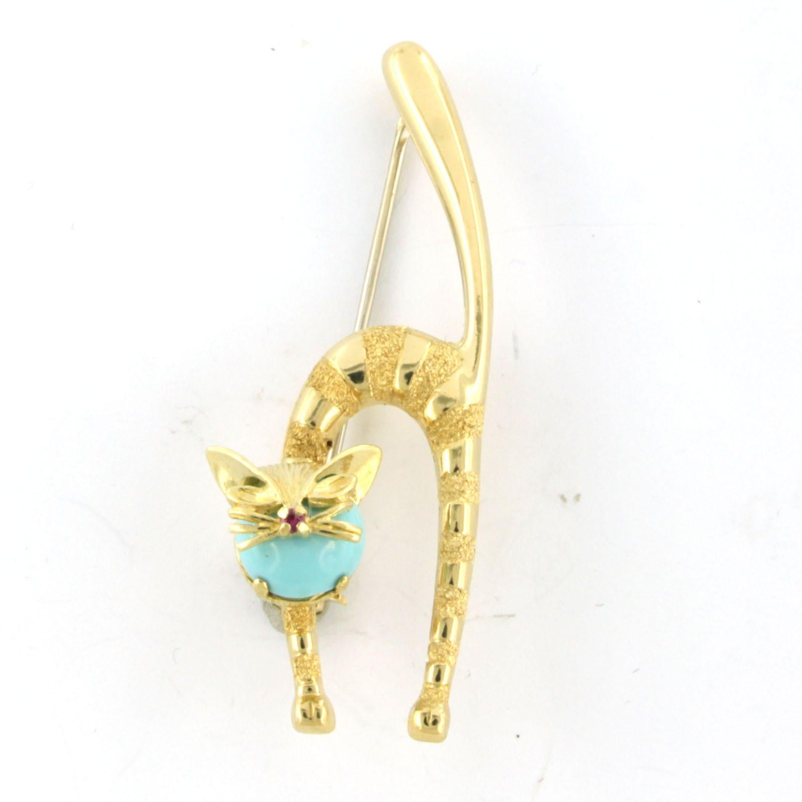 Brooch with Ruby and turquoise in shape of a cat 18k yellow gold