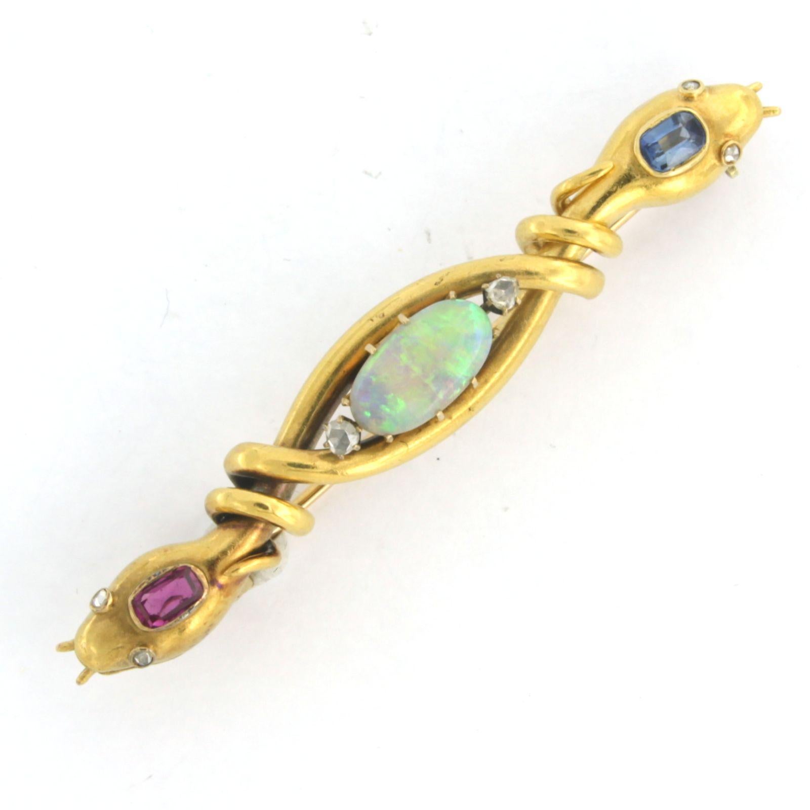 Rose Cut Brooch with Ruby, Sapphire, Opal and diamond 18k yellow gold For Sale